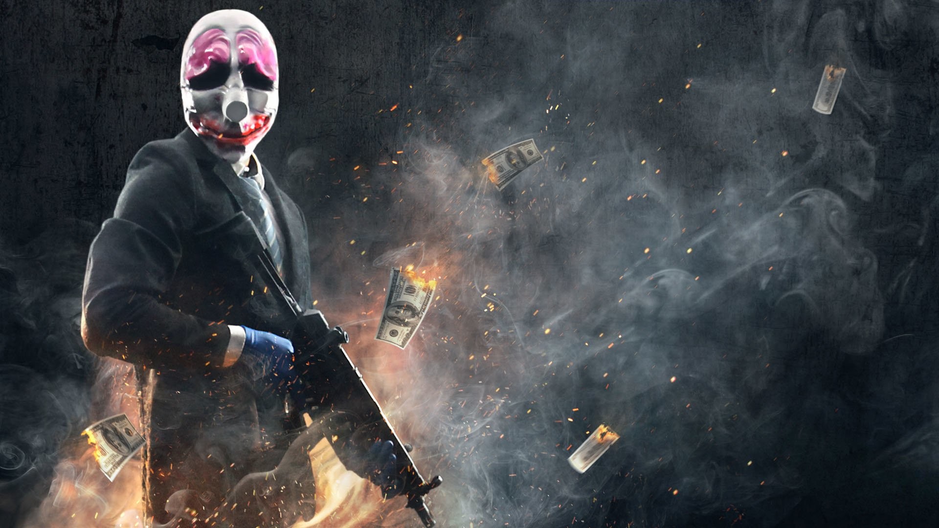 Hoxton, Payday 2, Fucile, Banconote, Fumo, 16:9 Full HD, sfondo widescreen