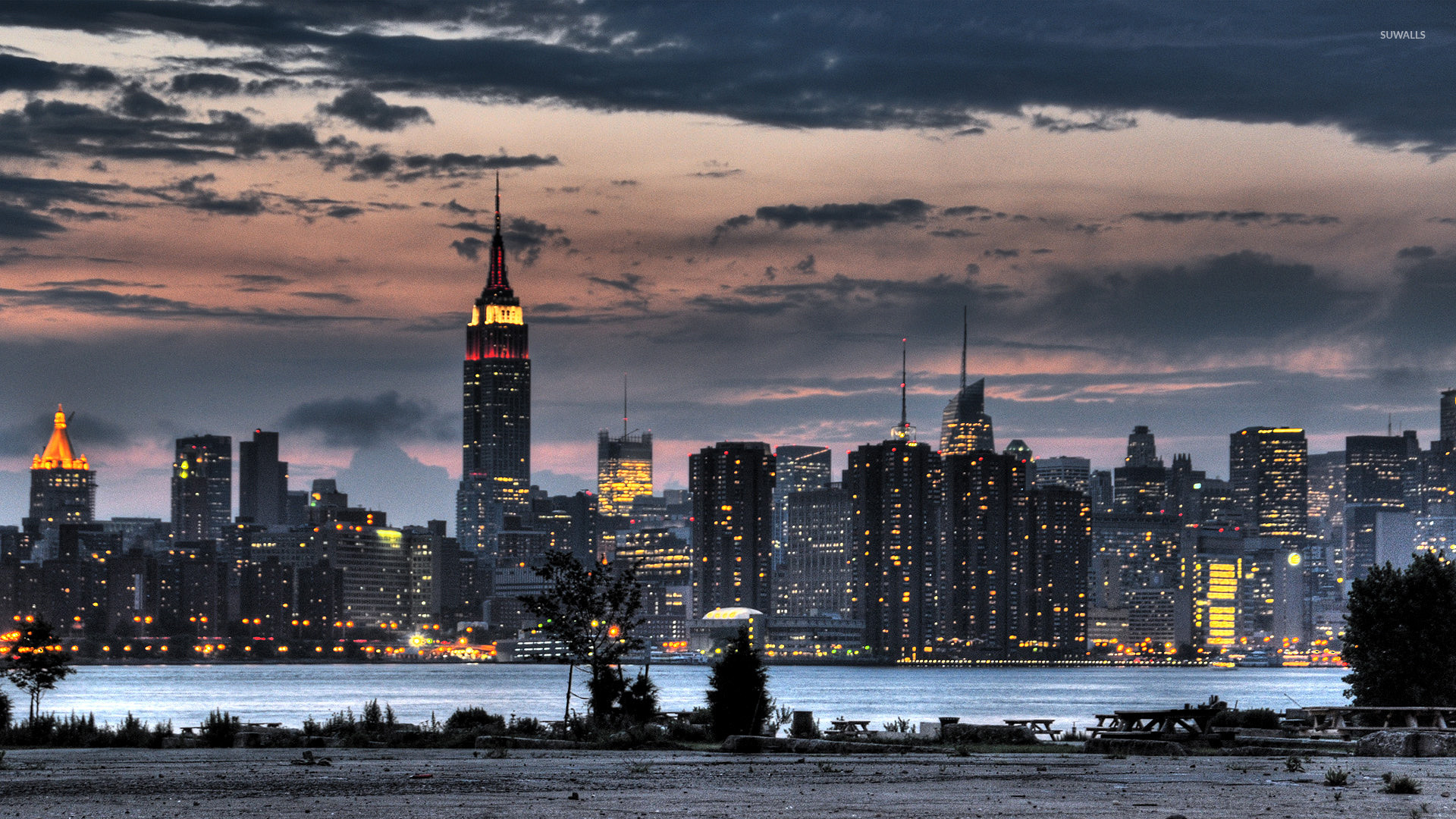 Empire State Building, Skyline di Manhattan, Crepuscolo, Nuvole, wallpaper per portatile