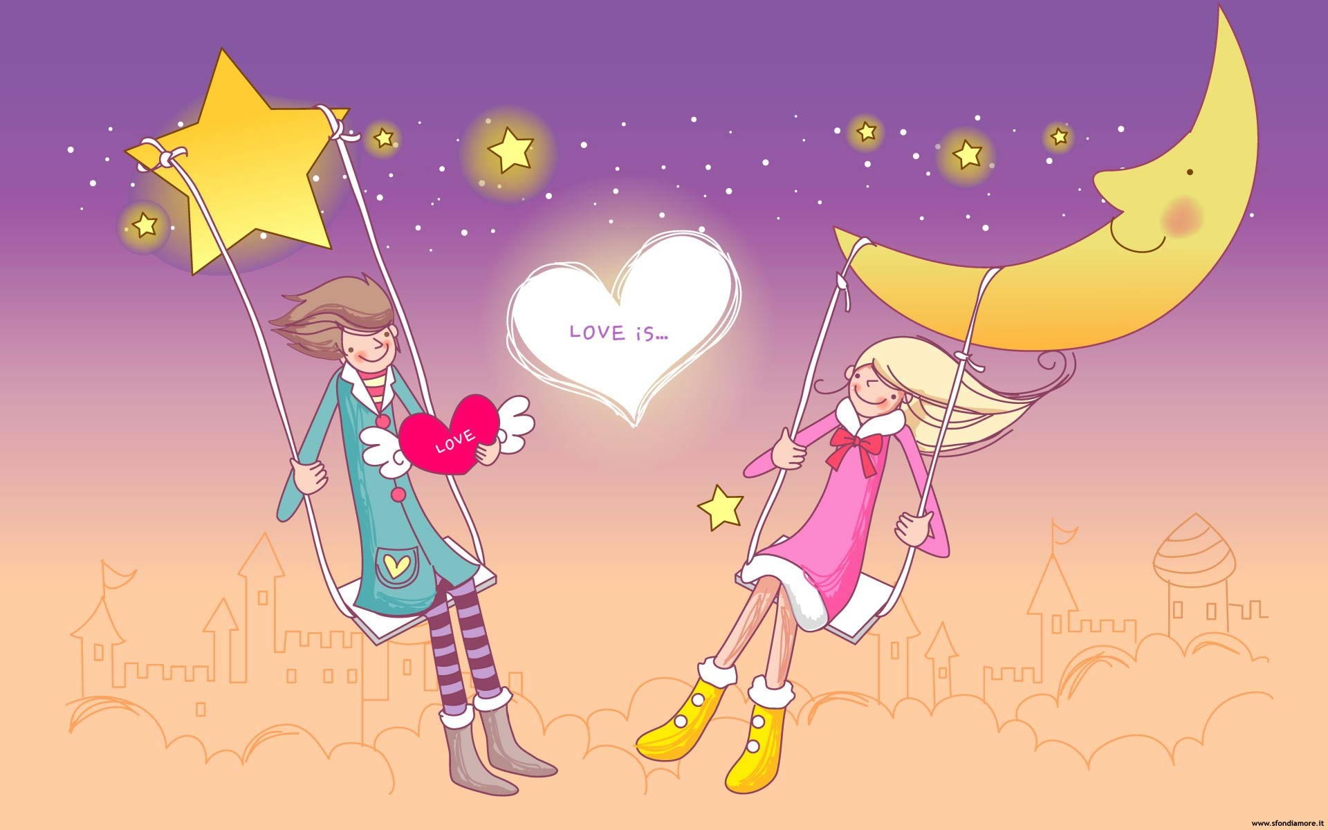 Coppia, Altalene, Luna, Stelle, Illustrazione, Full HD, sfondo per PC