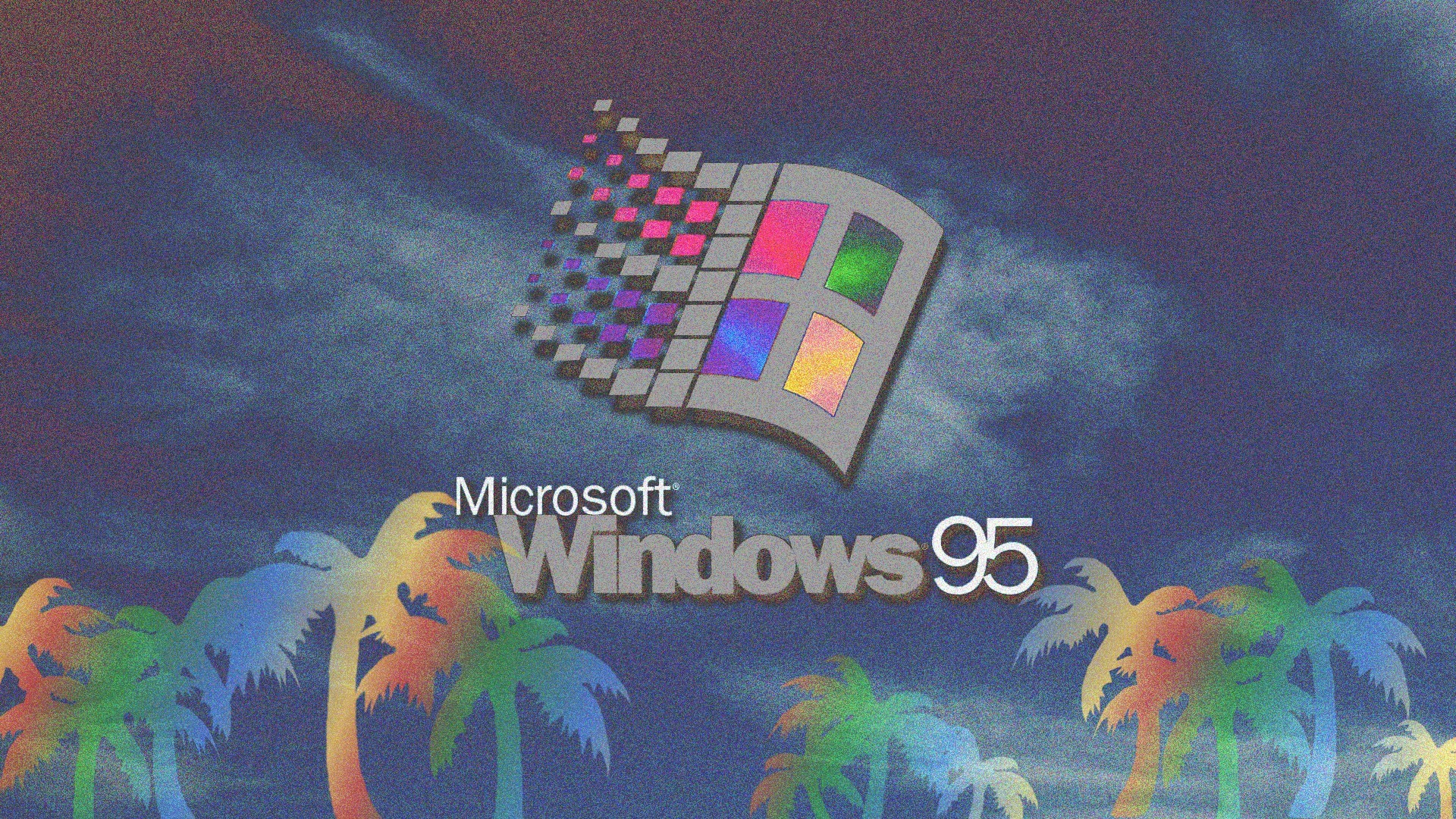 Vaporwave, Windows 95, Logo Windows, Palme, Nuvole, Full HD, wallpaper desktop