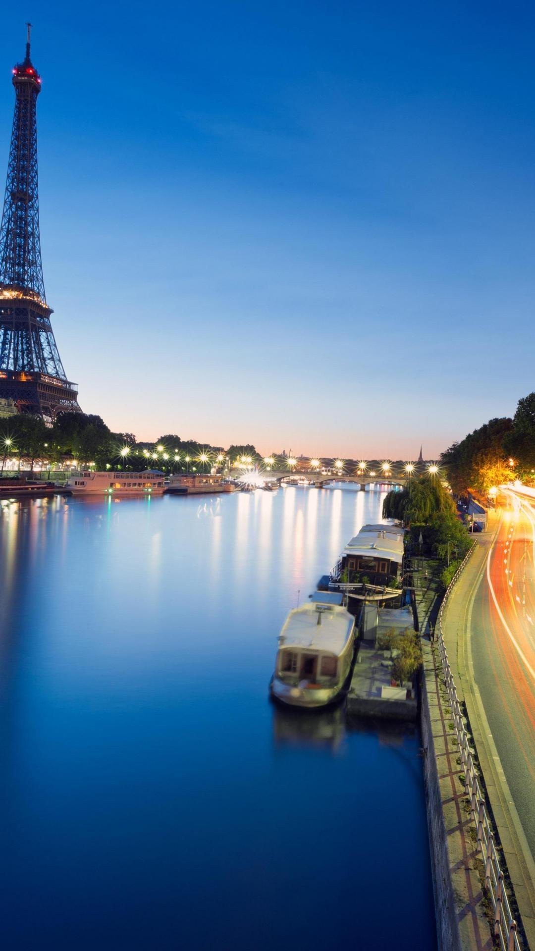 Torre Eiffel, Senna, Parigi, Crepuscolo, Full HD, sfondo per iPhone e Android