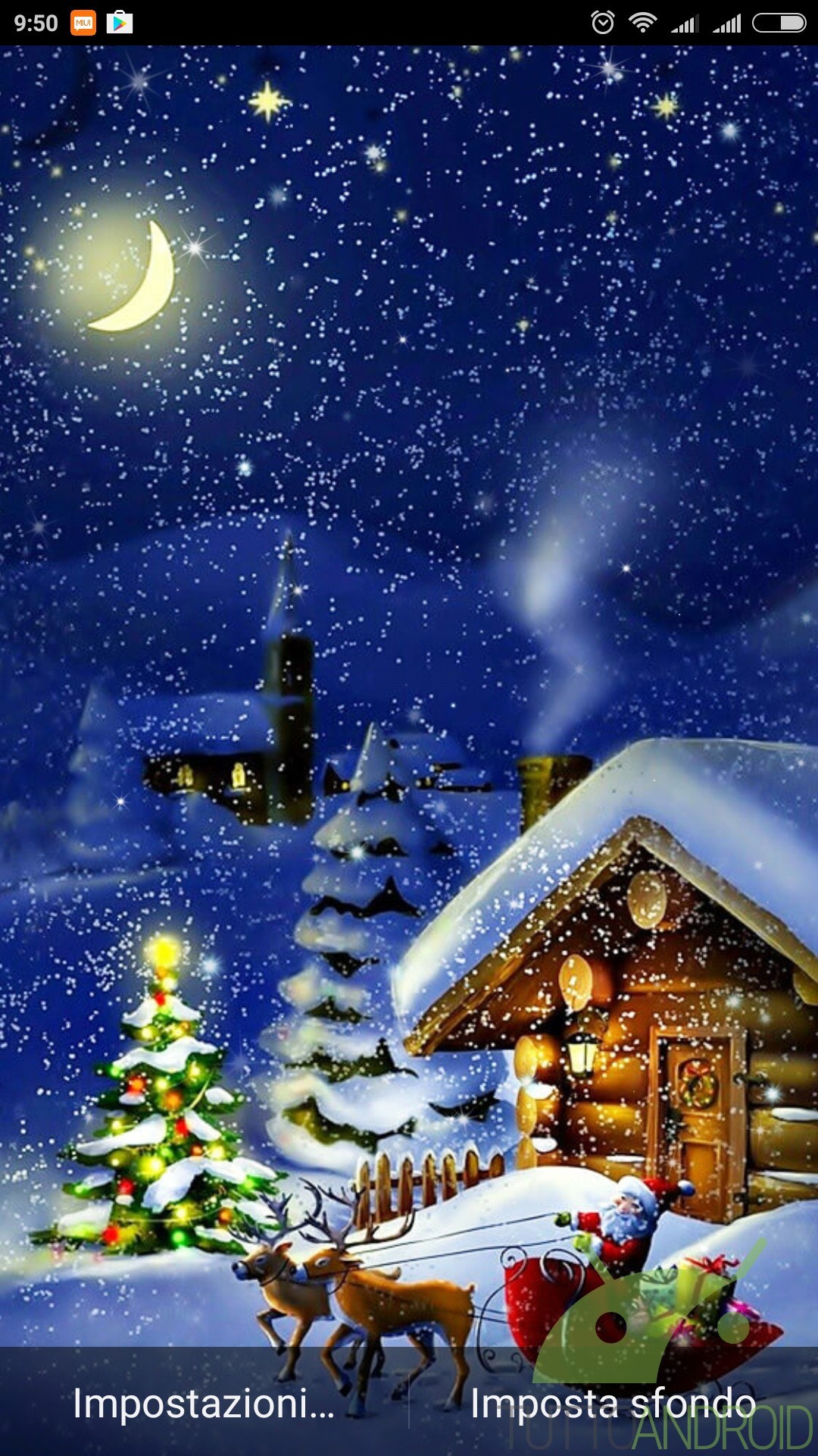Notte di Natale, Baita innevata, Albero di Natale, Luna, Neve, wallpaper per iPhone e Android