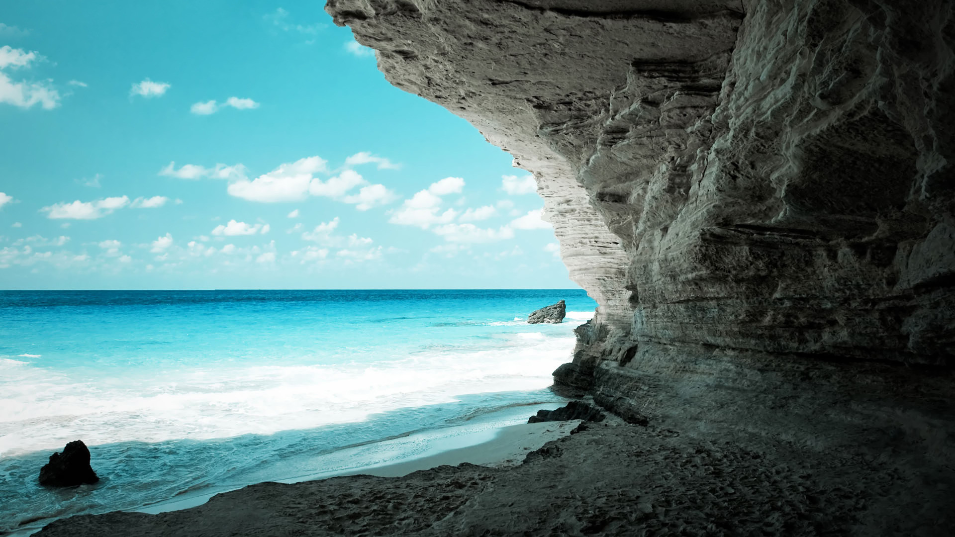 Spiaggia, Grotta, Mare, Scogliera, Full HD 1080p, sfondo desktop
