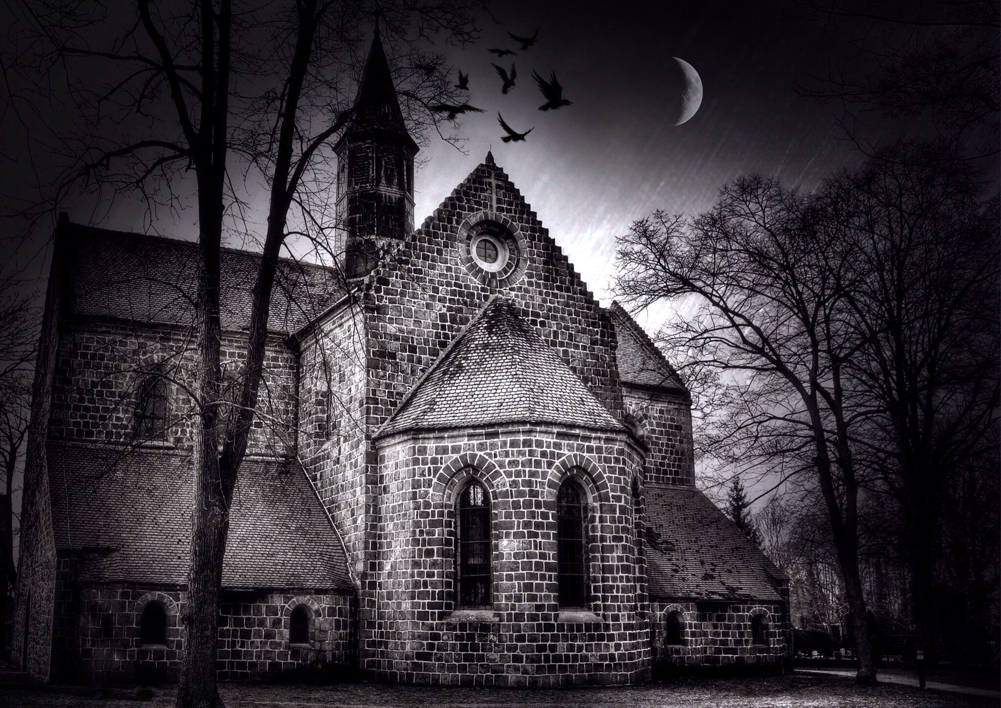 Chiesa gotica, Luna, Corvi, Bianco e nero, Full HD, wallpaper per portatile