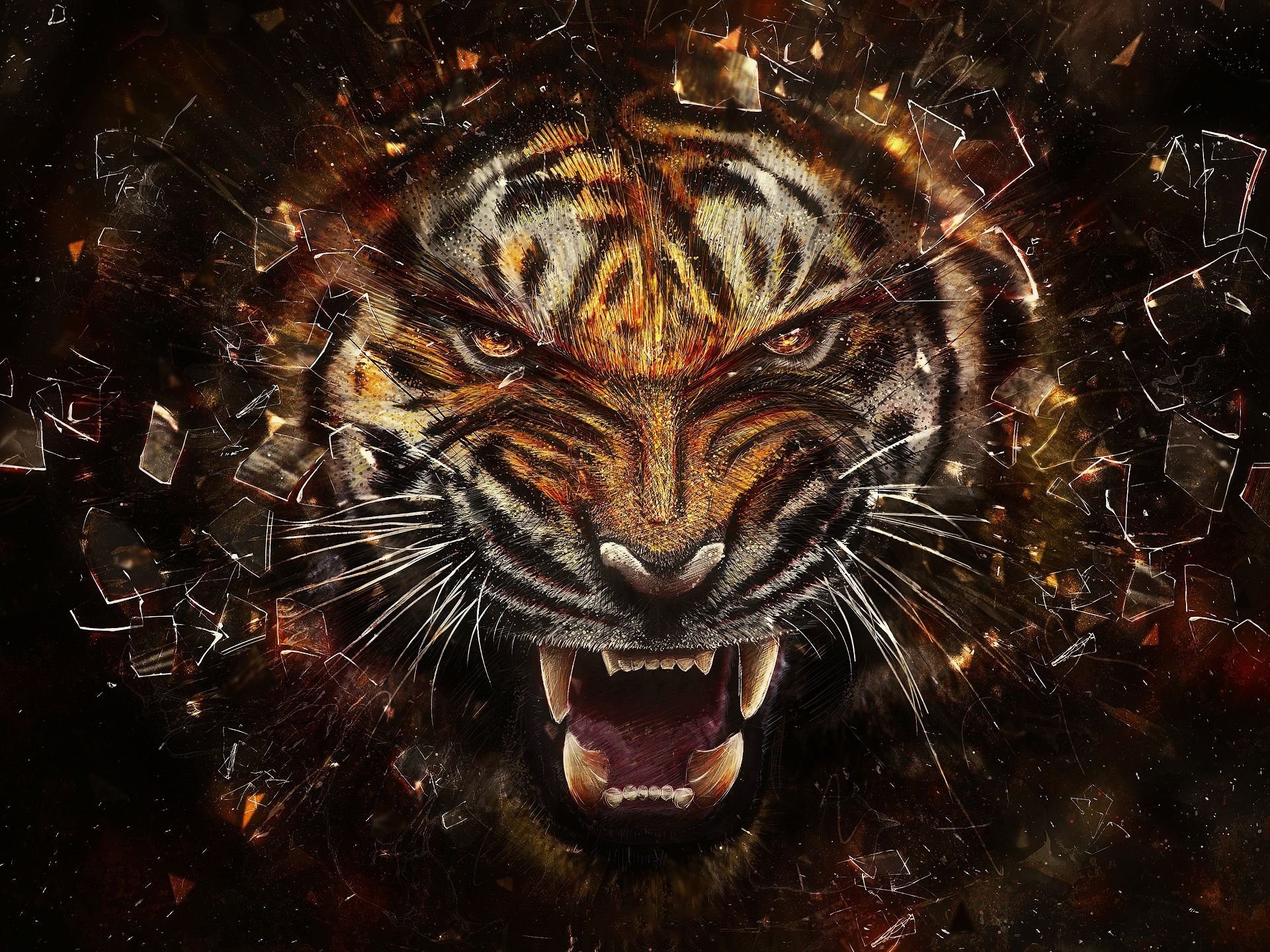 Tigre, Ruggito, Frammenti, Arte digitale, Full HD, schermata di blocco iPad