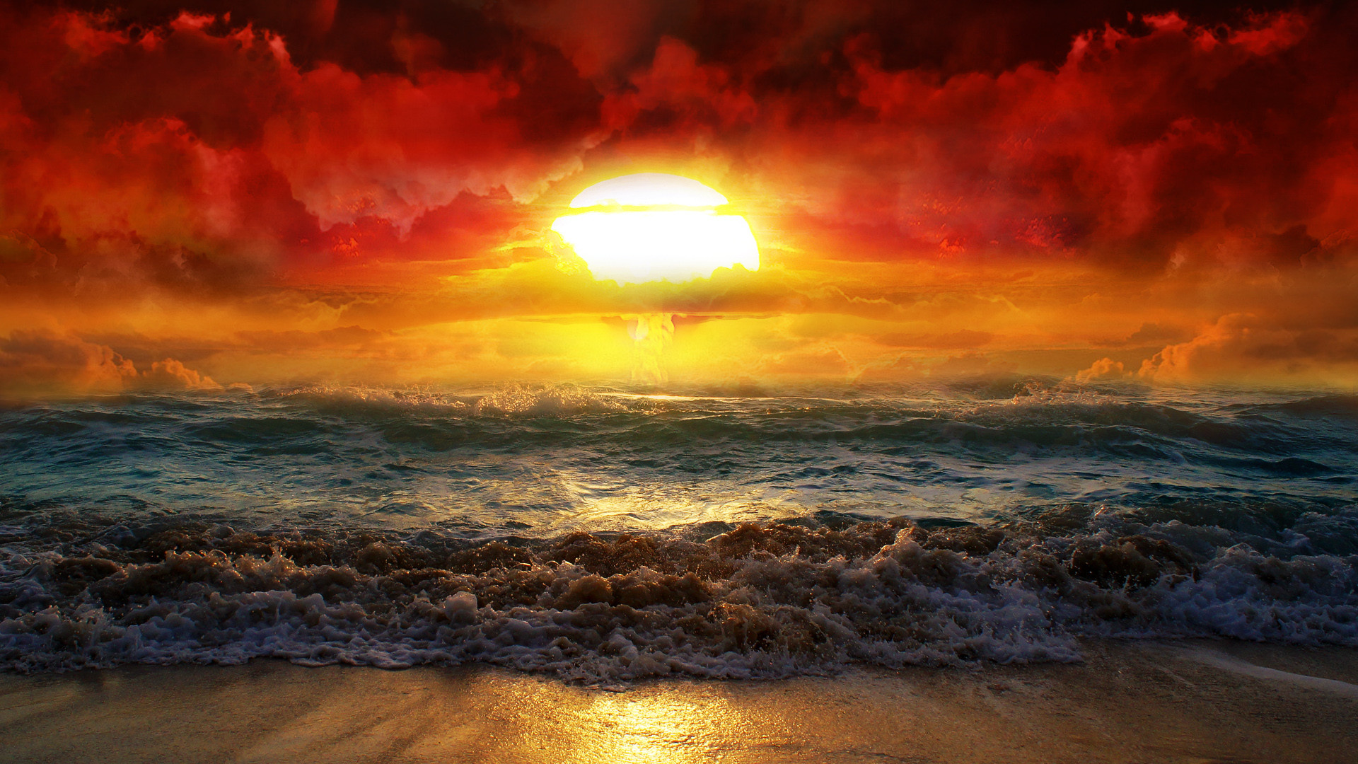 Tramonto, Mare, Onde, Cielo rosso, Sole, Full HD 1080p, sfondo desktop