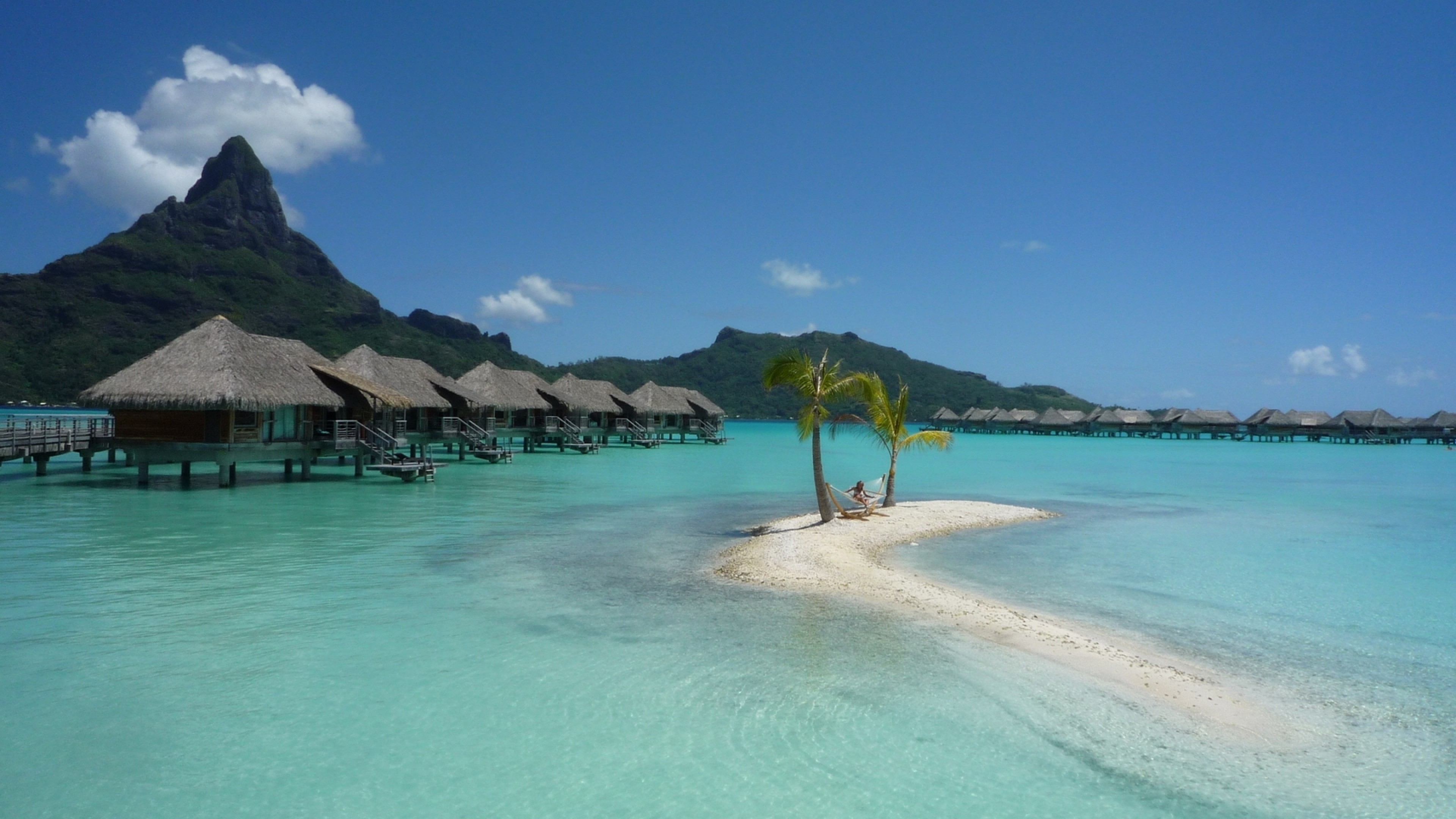 Bora Bora, Monte Otemanu, Bungalow sull'acqua, Banco di sabbia, 4K 2160p, sfondo desktop