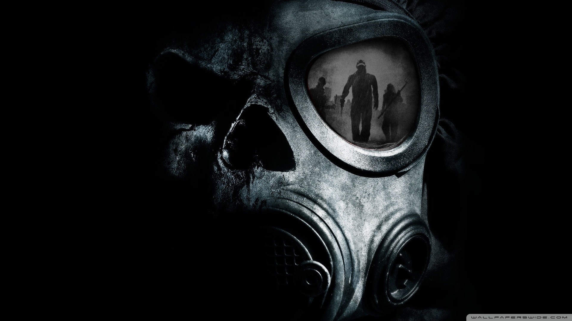 Teschio, Maschera antigas, Riflesso, Sfondo nero, Full HD, wallpaper per portatile