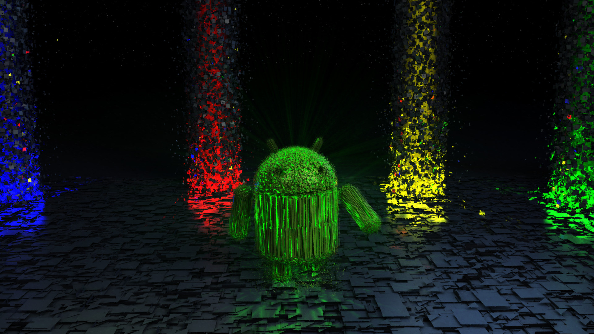 Android, Bugdroid, Luci colorate, Arte 3D, 16:9 Full HD, sfondo widescreen