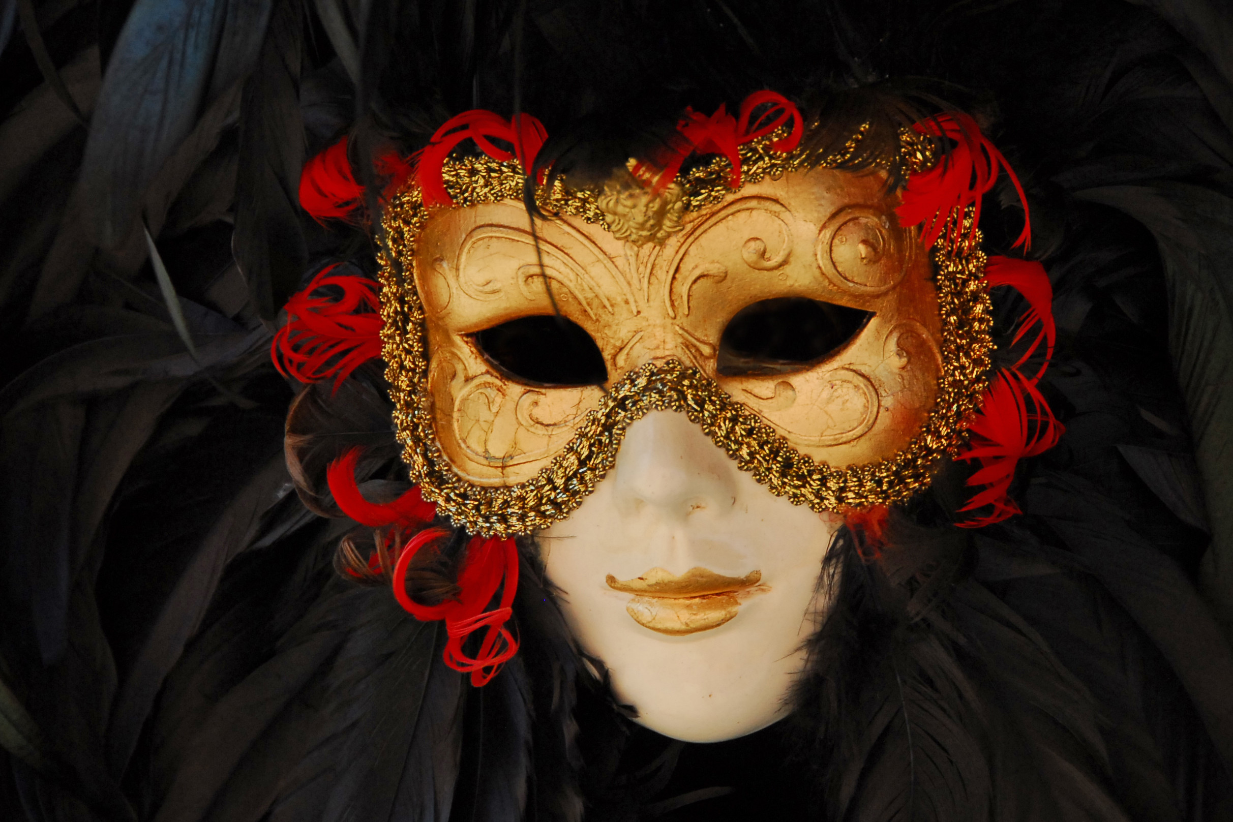 Maschera veneziana, Maschera dorata, Piume nere, Carnevale di Venezia, sfondo Full HD per PC