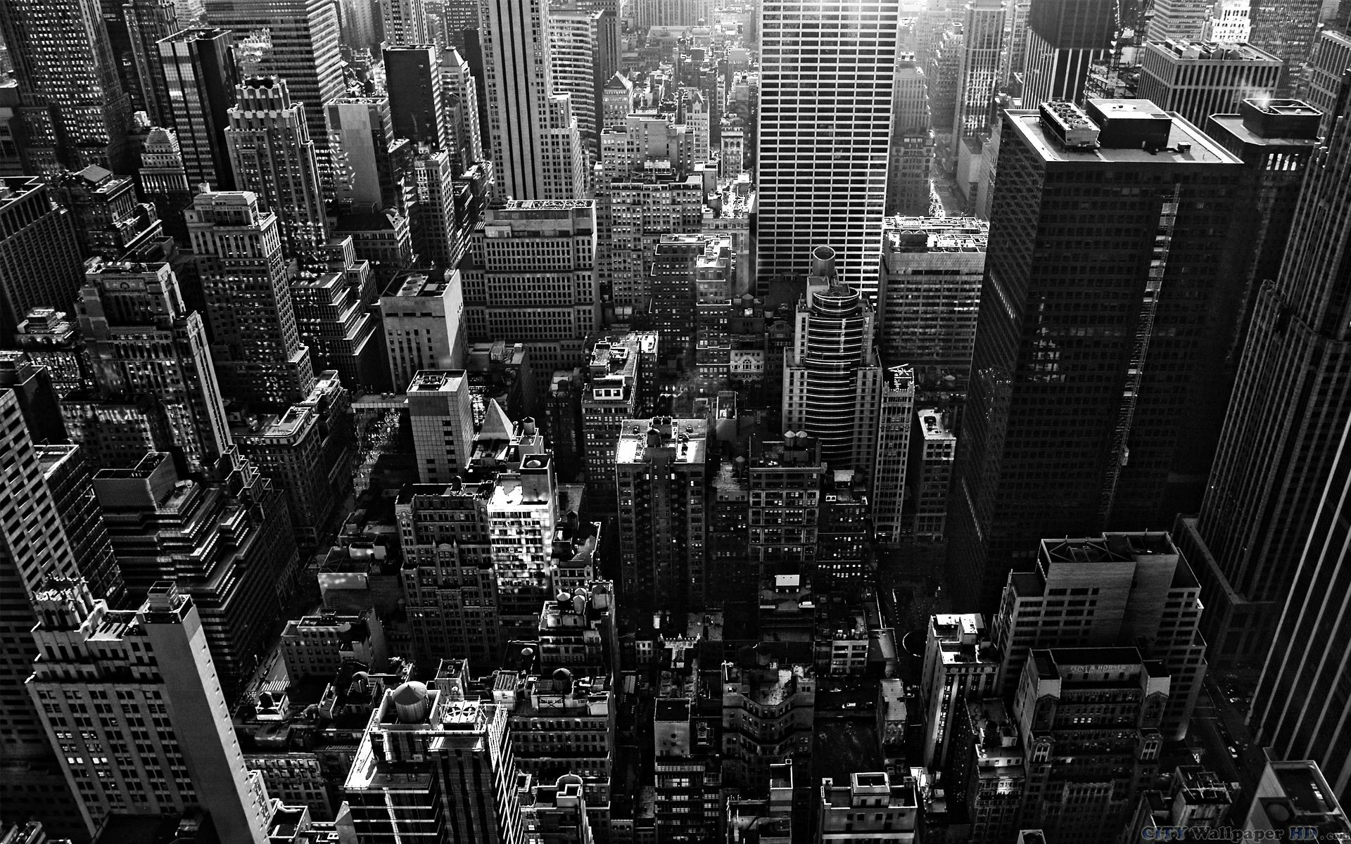 New York, Manhattan, Grattacieli, Vista aerea, Bianco e nero, 16:10 Full HD, sfondo widescreen