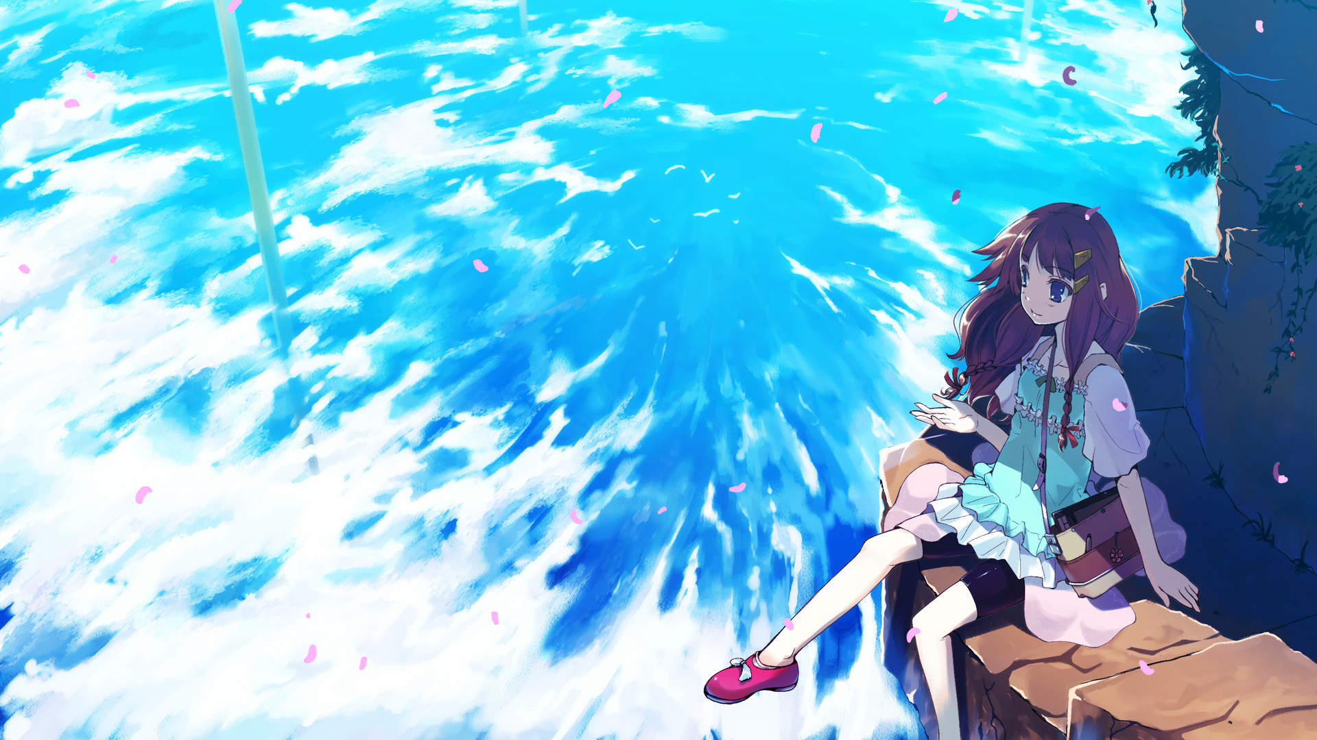 Ragazza anime, Cielo, Nuvole, Azzurro, 16:9 Full HD, sfondo widescreen