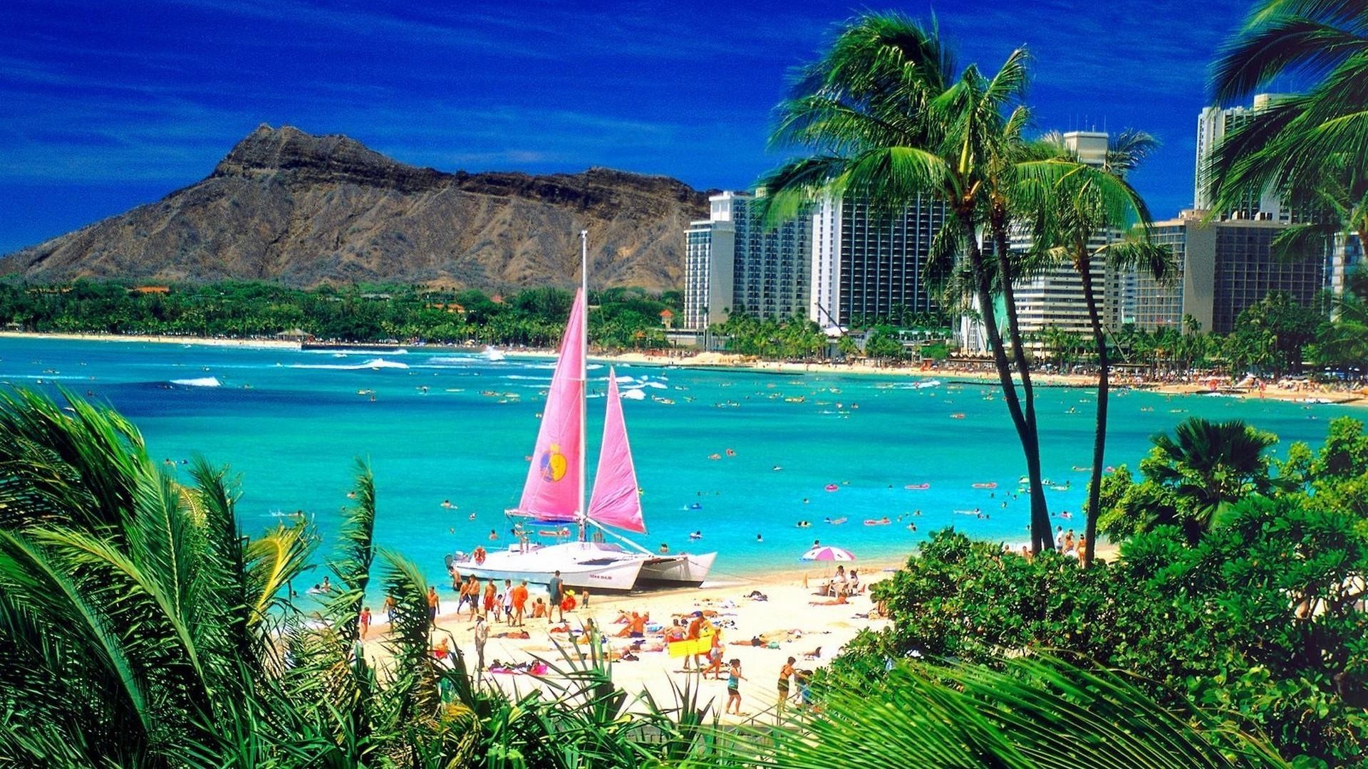 Waikiki Beach, Diamond Head, Honolulu, Hawaii, Catamarano, Full HD, sfondo per PC