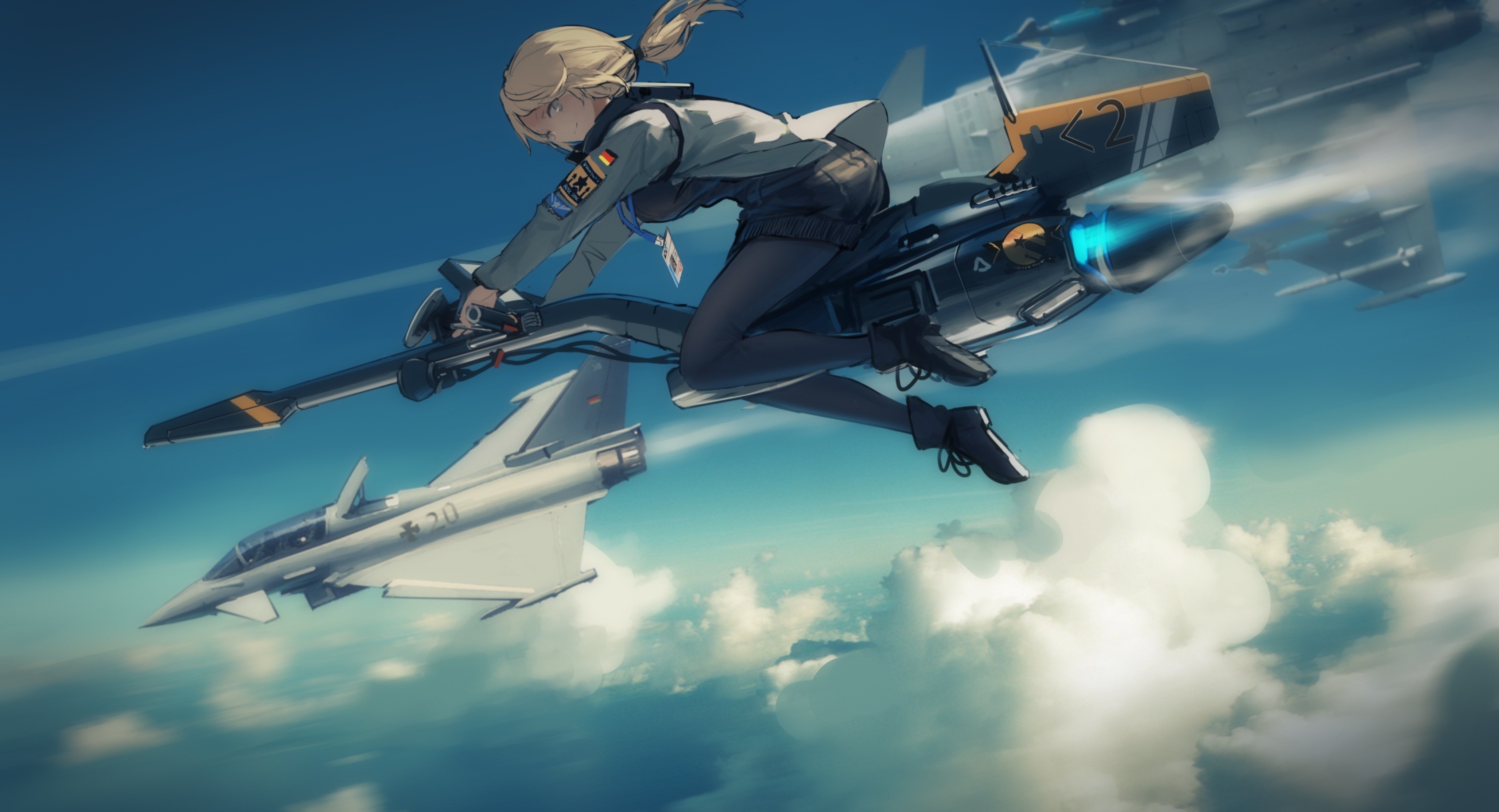 Ragazza anime, Caccia, Aereo, Cielo, sfondo 2K per computer