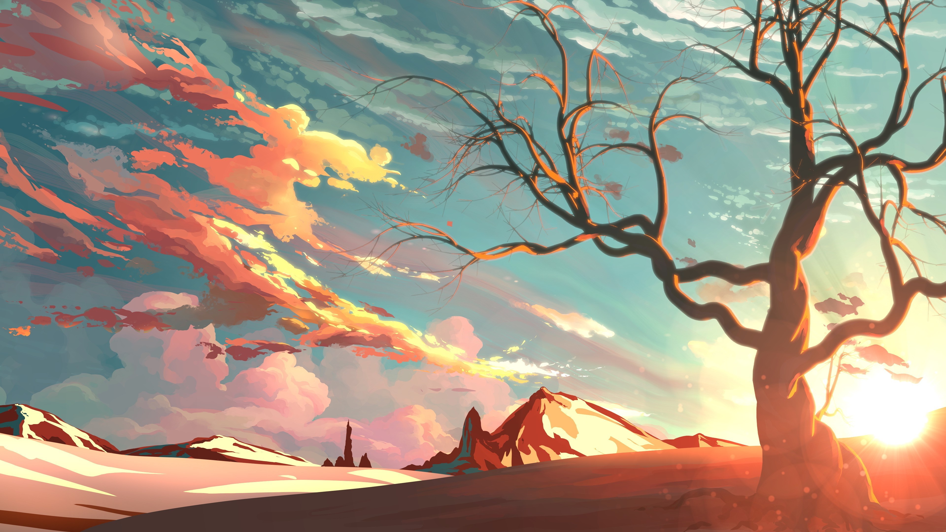 Albero spoglio, Tramonto, Nuvole rosa, Pittura digitale, Montagne, sfondo 3840x2160 per PC