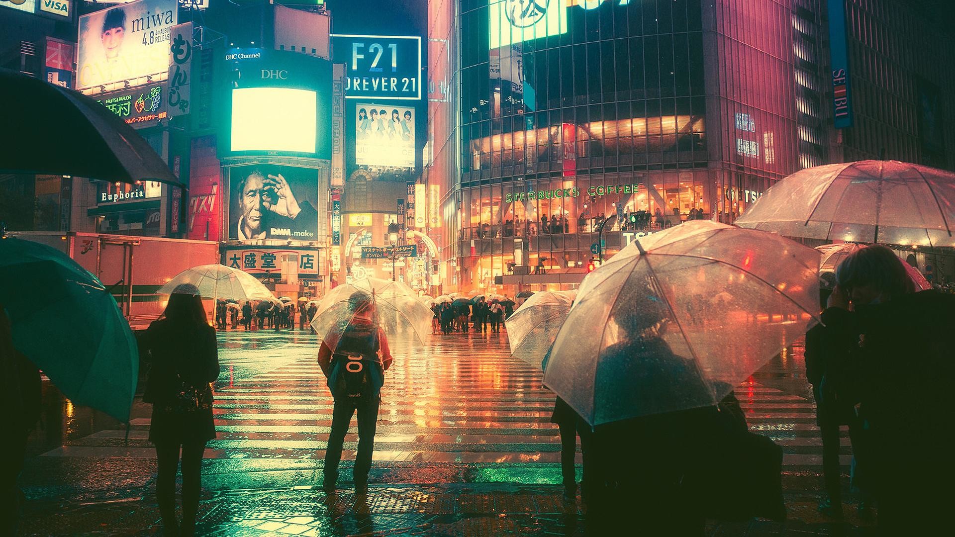 Shibuya, Tokyo, Ombrelli, Pioggia, Neon, Full HD 1080p, sfondo desktop