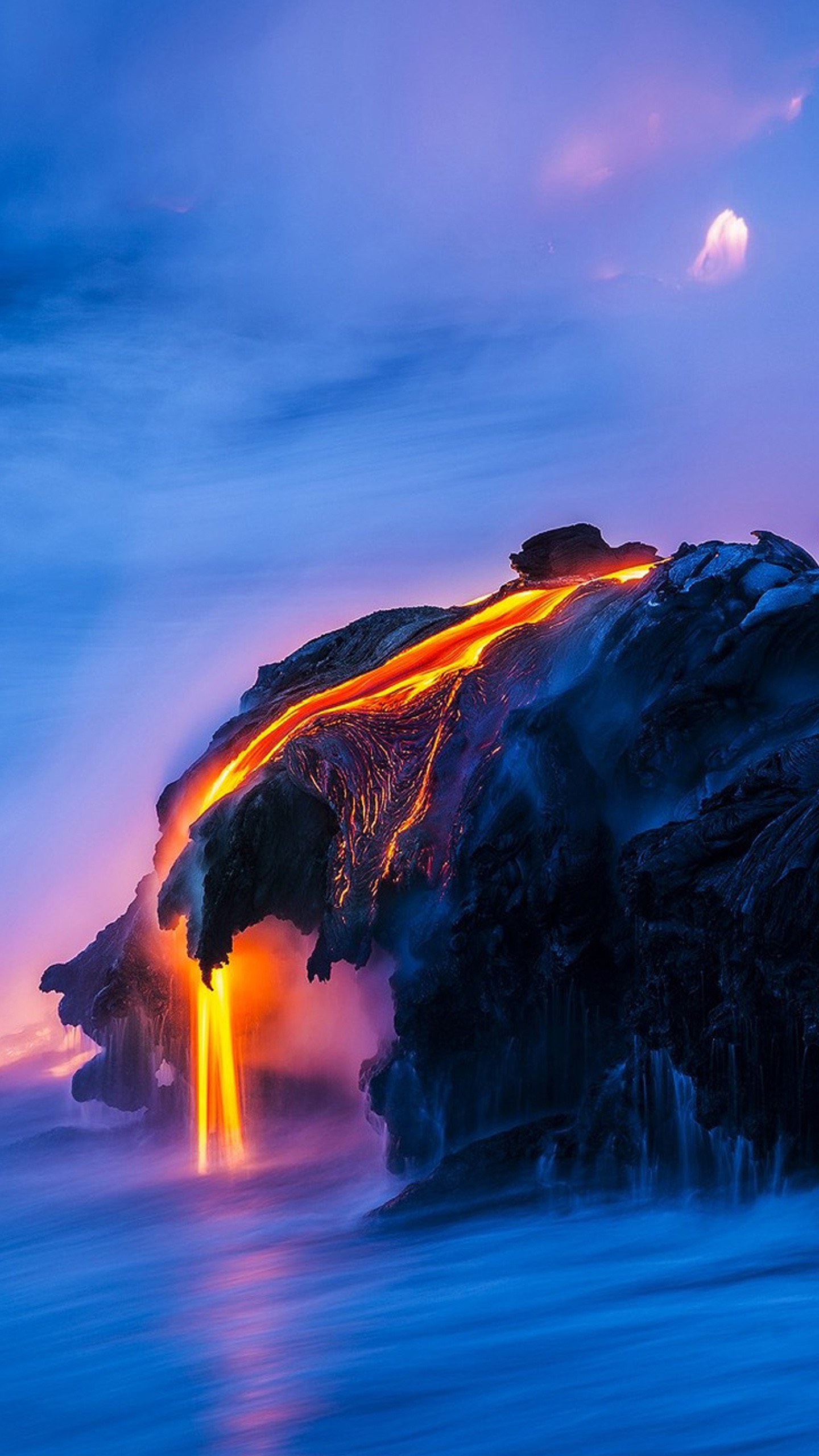 Lava, Vulcano, Oceano, Hawaii, Crepuscolo, QHD+, schermata di blocco del cellulare