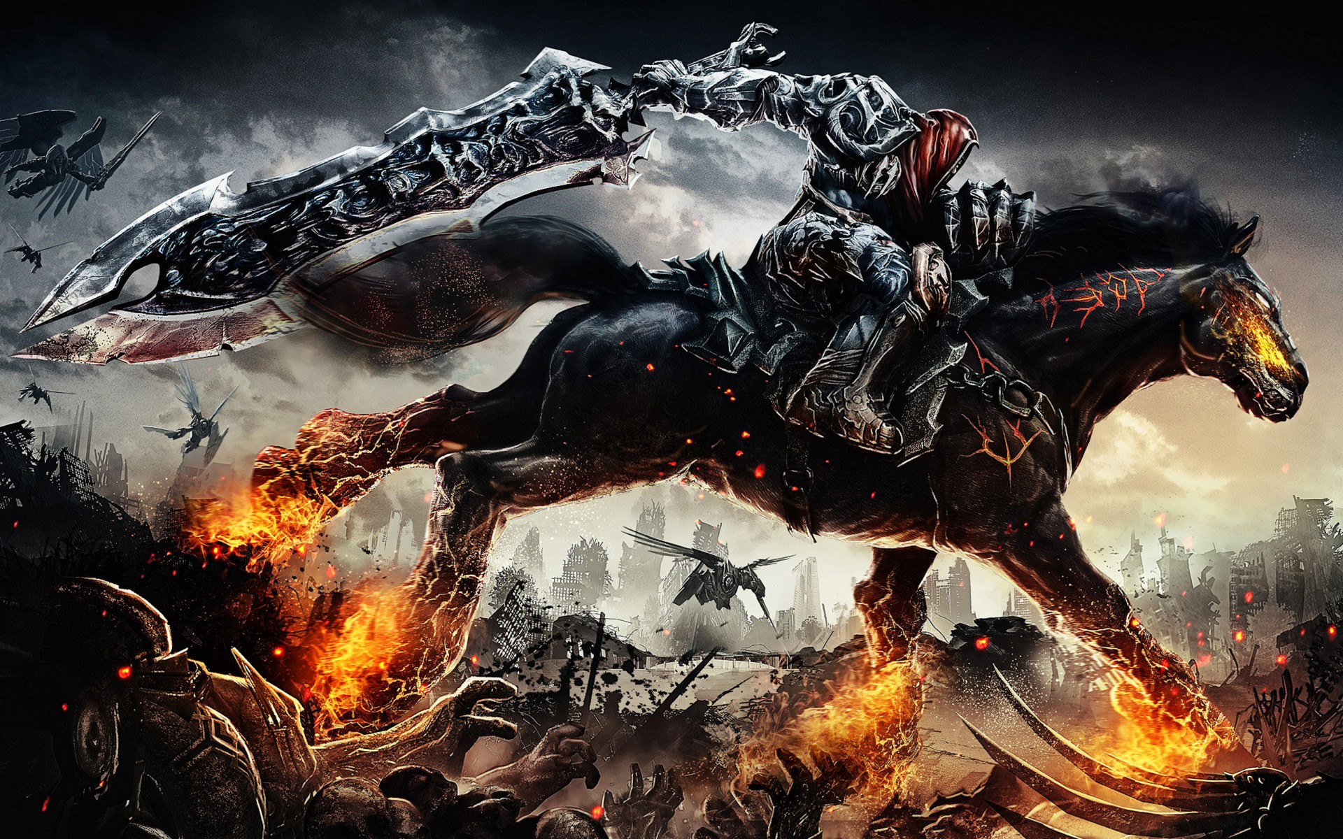 Guerra, Darksiders, Cavaliere dell'Apocalisse, Cavallo infuocato, sfondo Full HD per portatile
