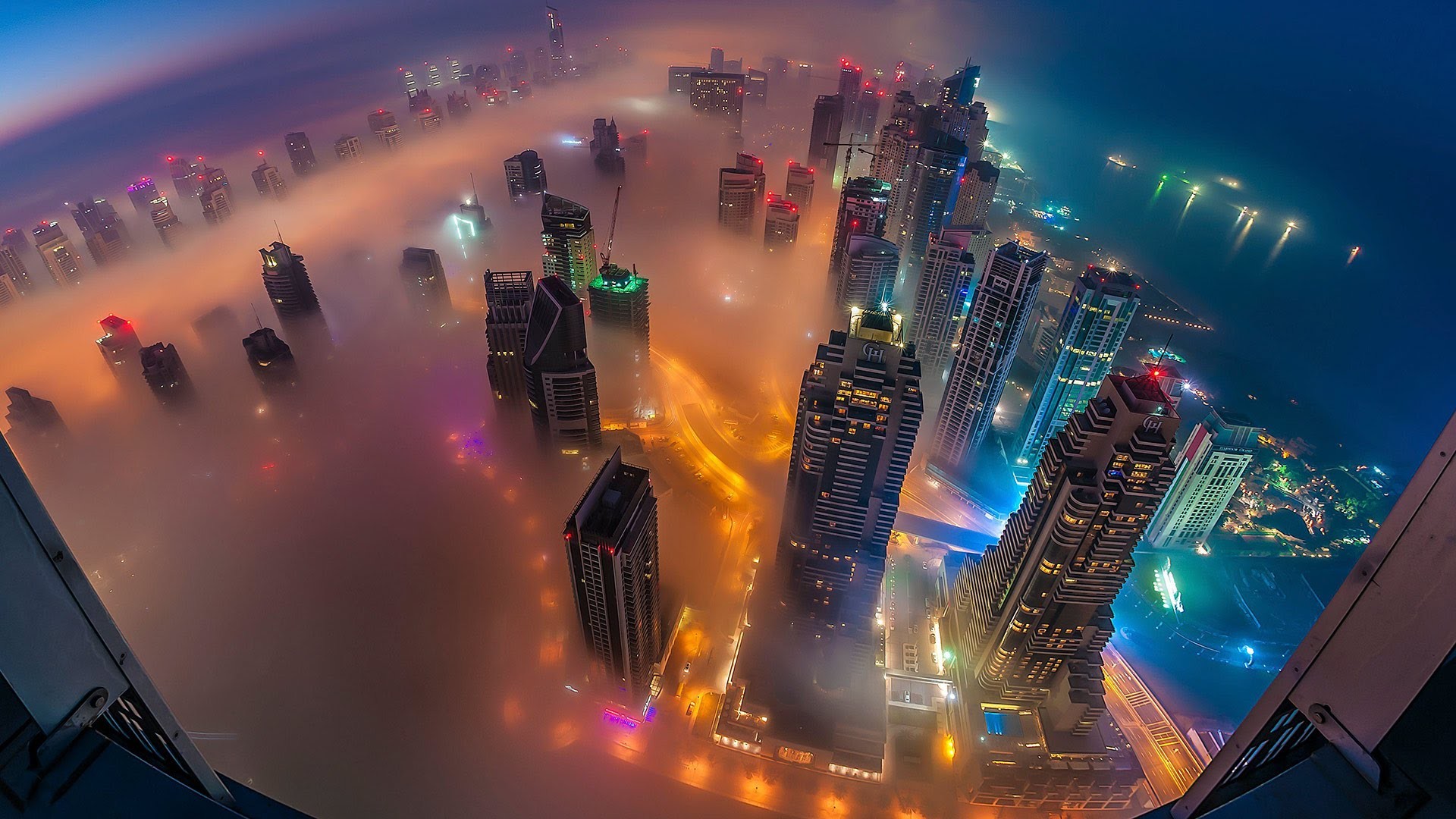 Dubai, Grattacieli, Nebbia, Notte, Vista aerea, Full HD, immagine di sfondo Windows 10