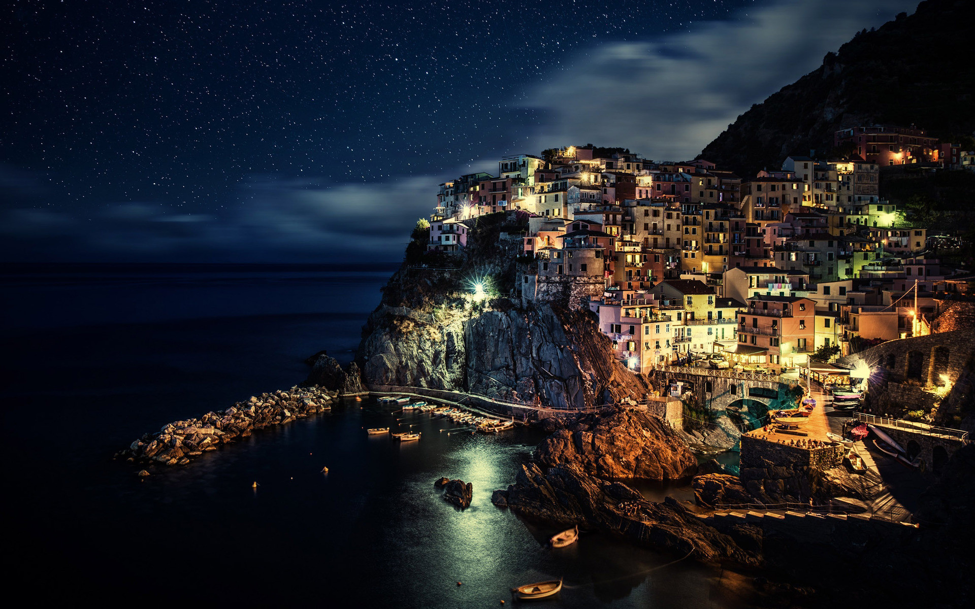 Manarola, Cinque Terre, Italia, Notte, Full HD, wallpaper per portatile