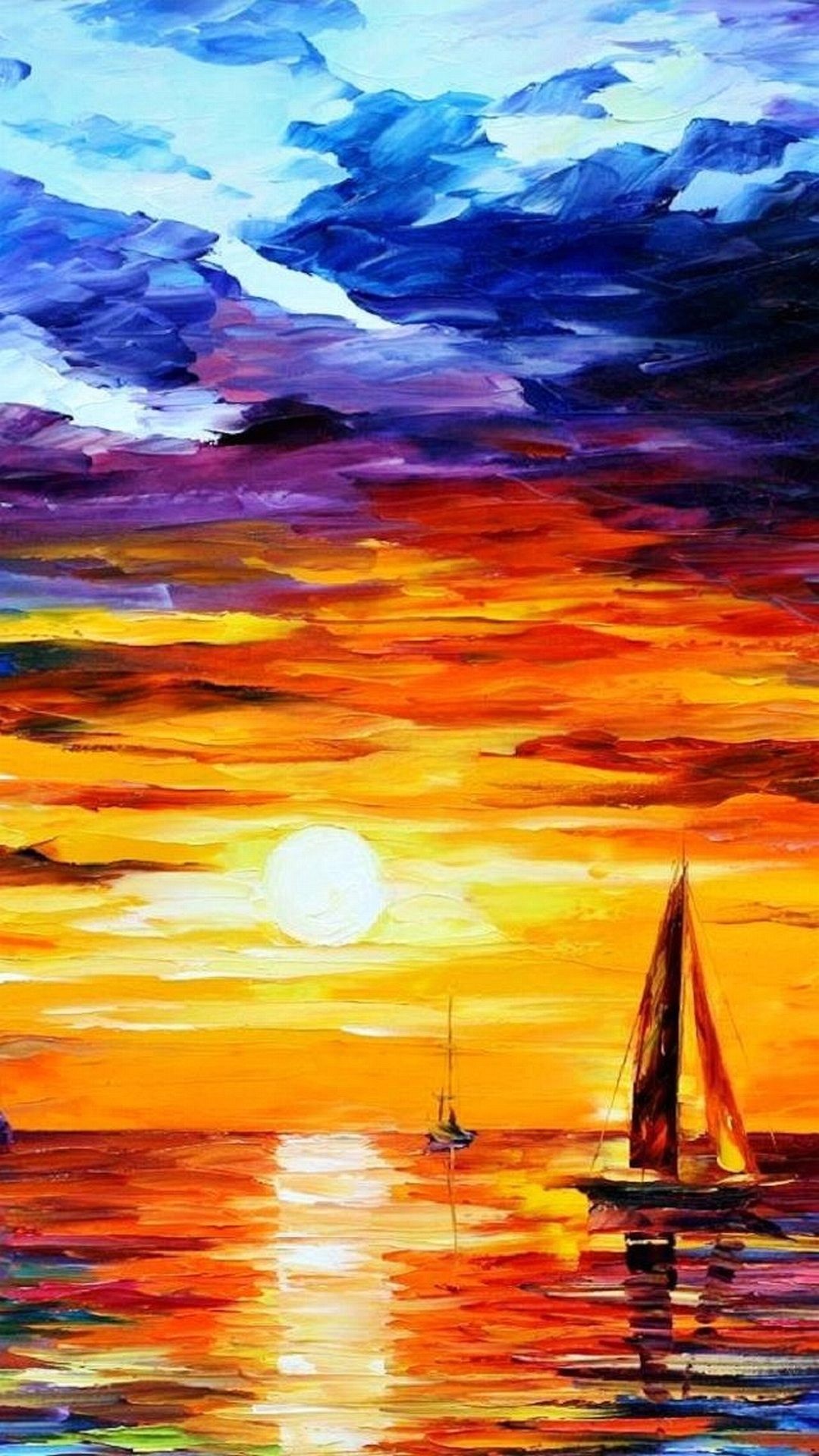 Leonid Afremov, Dipinto a olio, Tramonto, Barca a vela, Mare, sfondo Full HD per smartphone