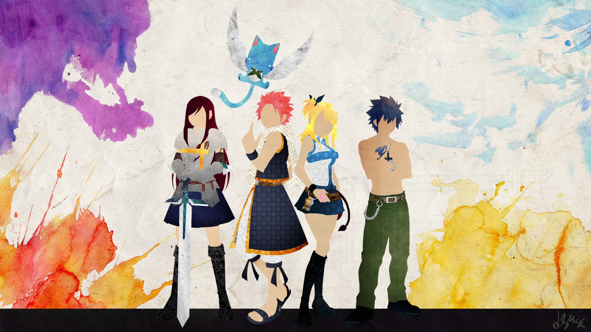 Erza Scarlet, Natsu Dragneel, Lucy Heartfilia, Gray Fullbuster, Happy, Fairy Tail, sfondo Full HD
