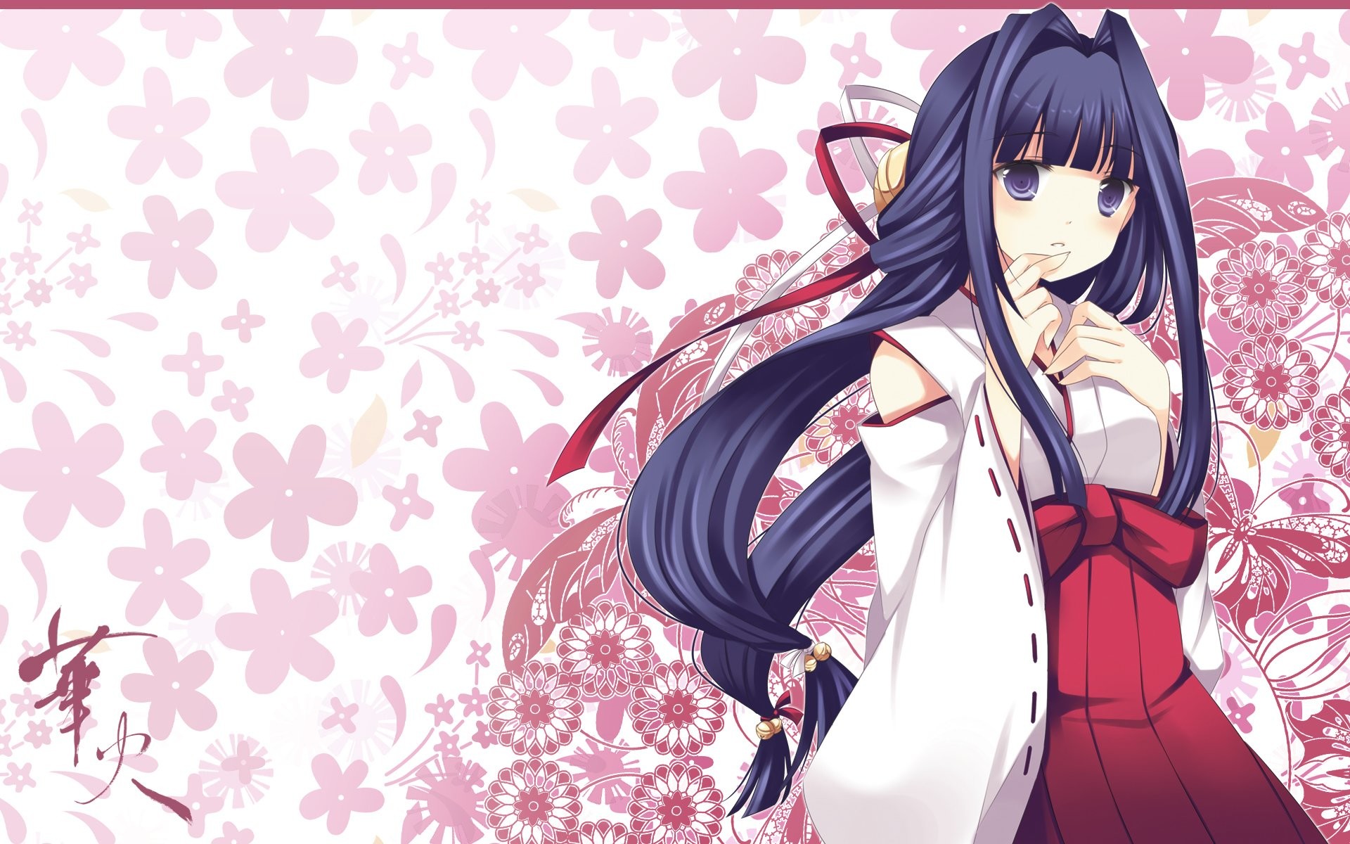 Ragazza anime, Miko, Fiori di ciliegio, Sfondo rosa, 1920x1200, wallpaper desktop