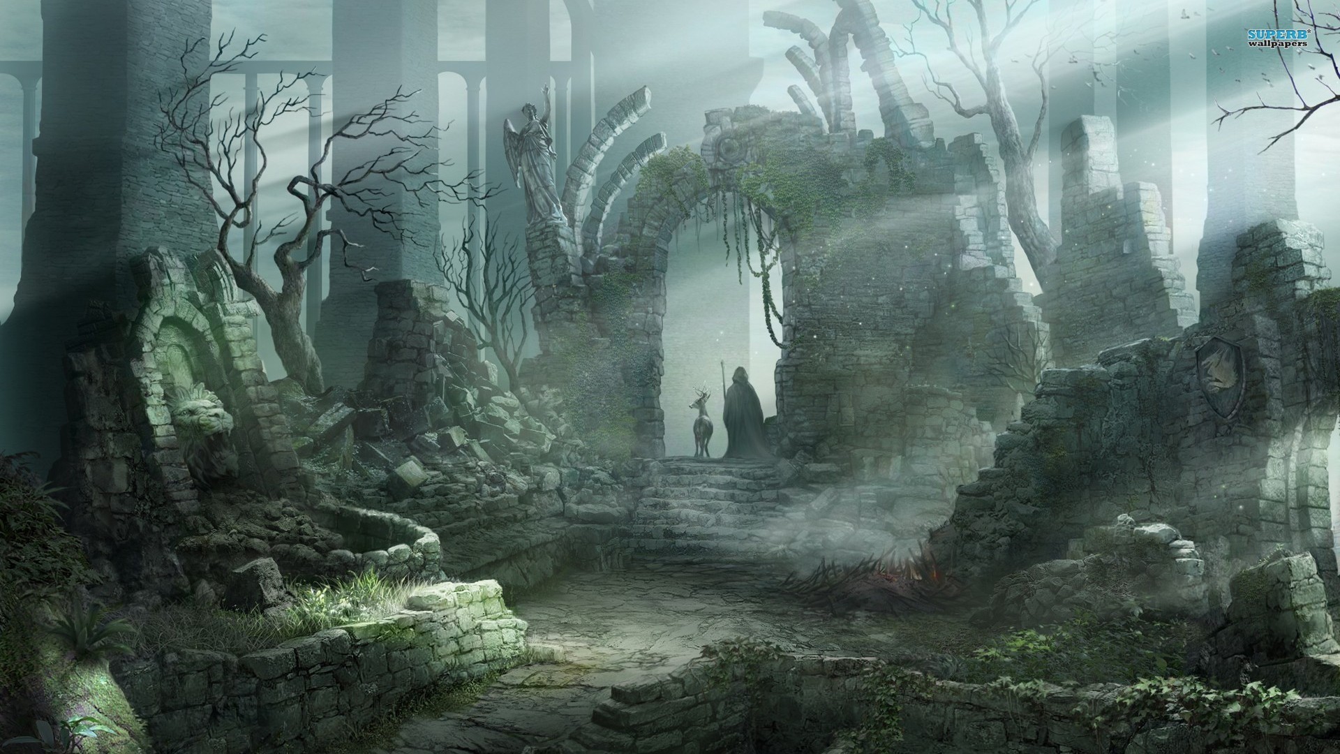 Dark Souls II, Rovine, Foresta, Raggi di sole, Paesaggio fantasy, sfondo 1920x1080 per PC