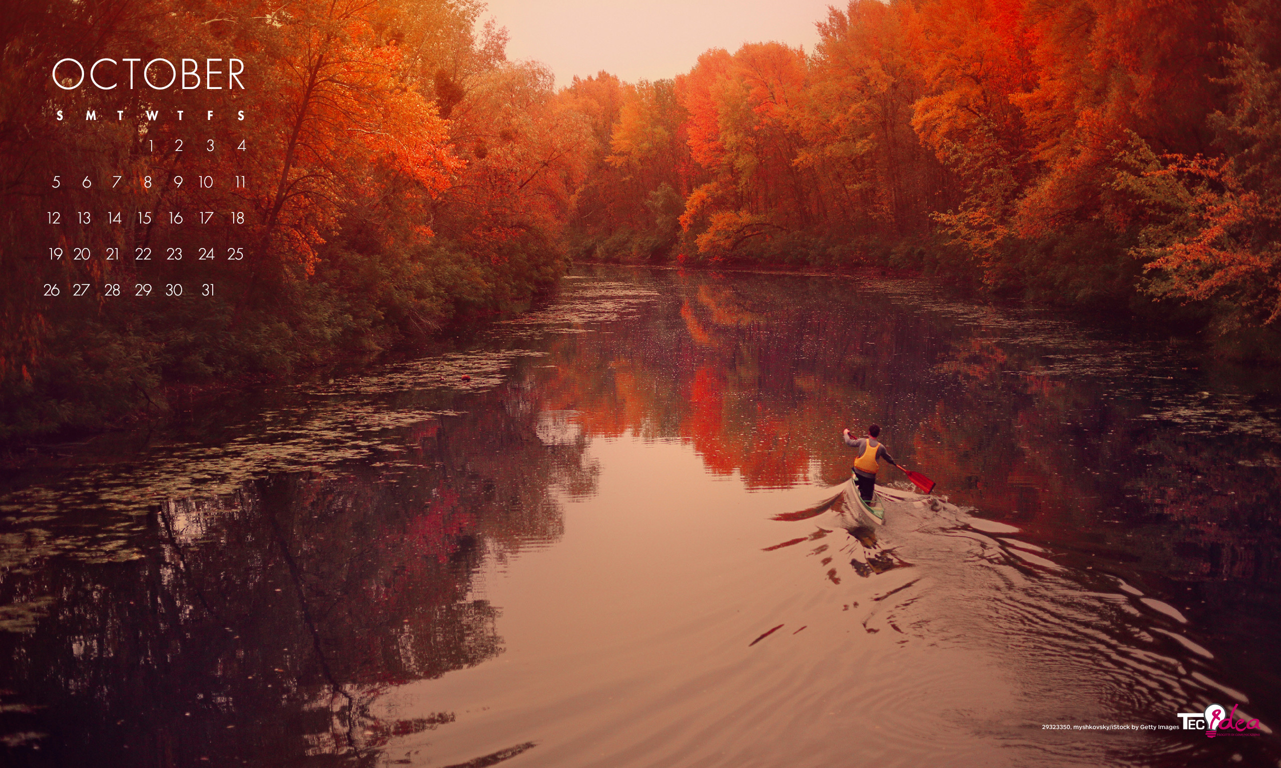 Calendario ottobre, Fiume, Canoa, Bosco rosso, 2K, sfondo Windows 11