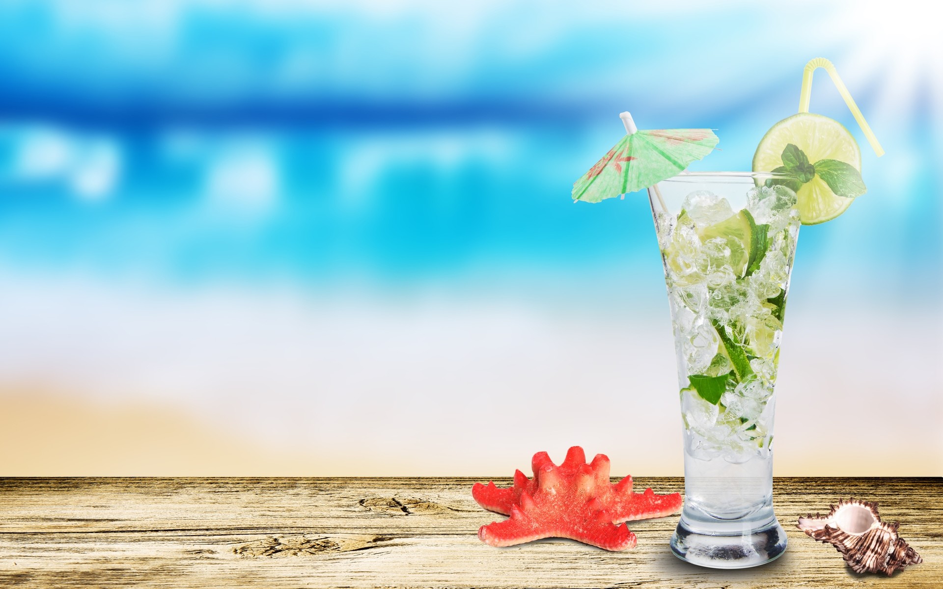 Mojito, Cocktail, Spiaggia, Stella marina, Estate, Full HD, wallpaper per portatile