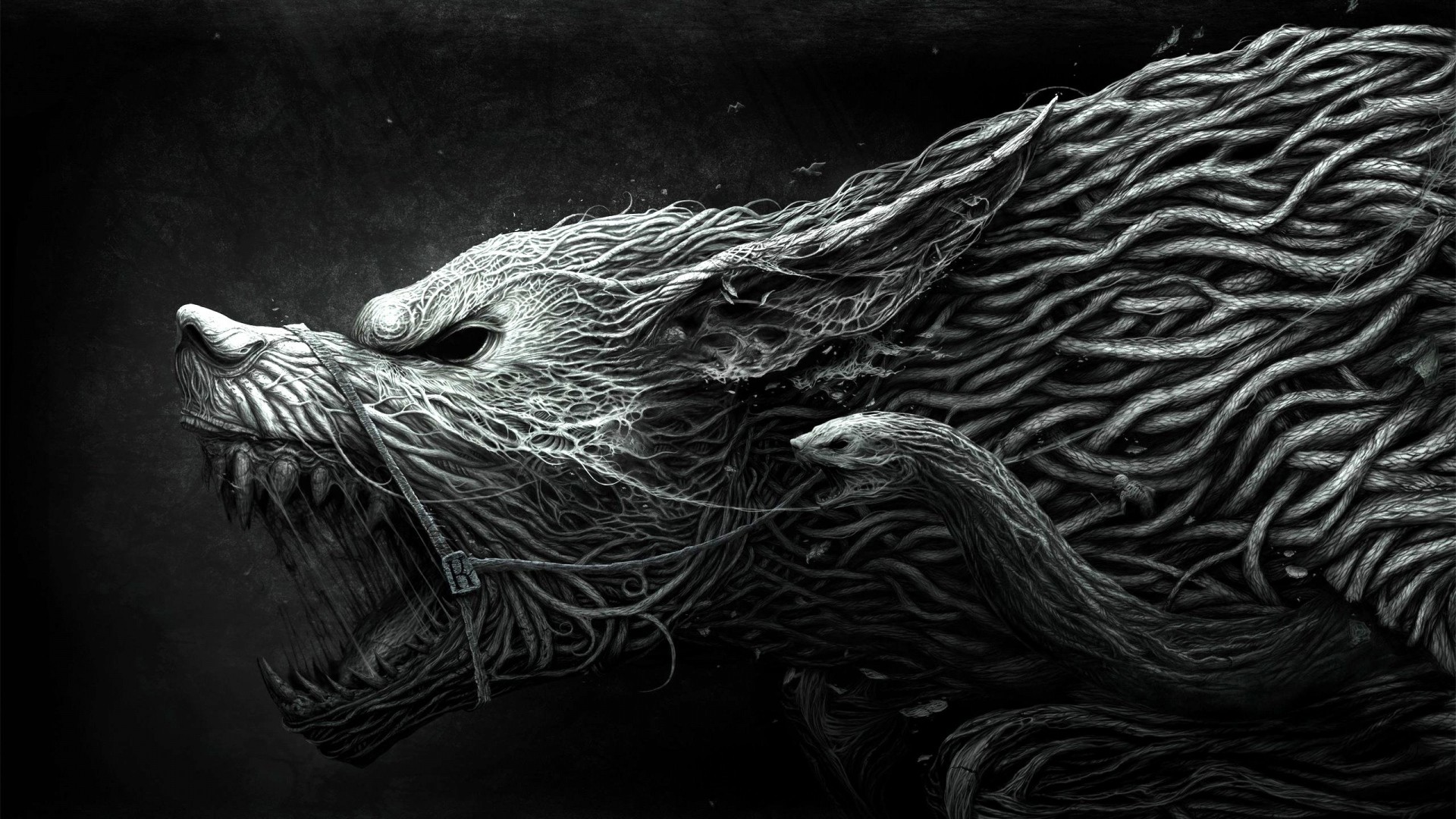 Lupo, Arte fantasy, Bianco e nero, Ringhio, Full HD, sfondo per portatile