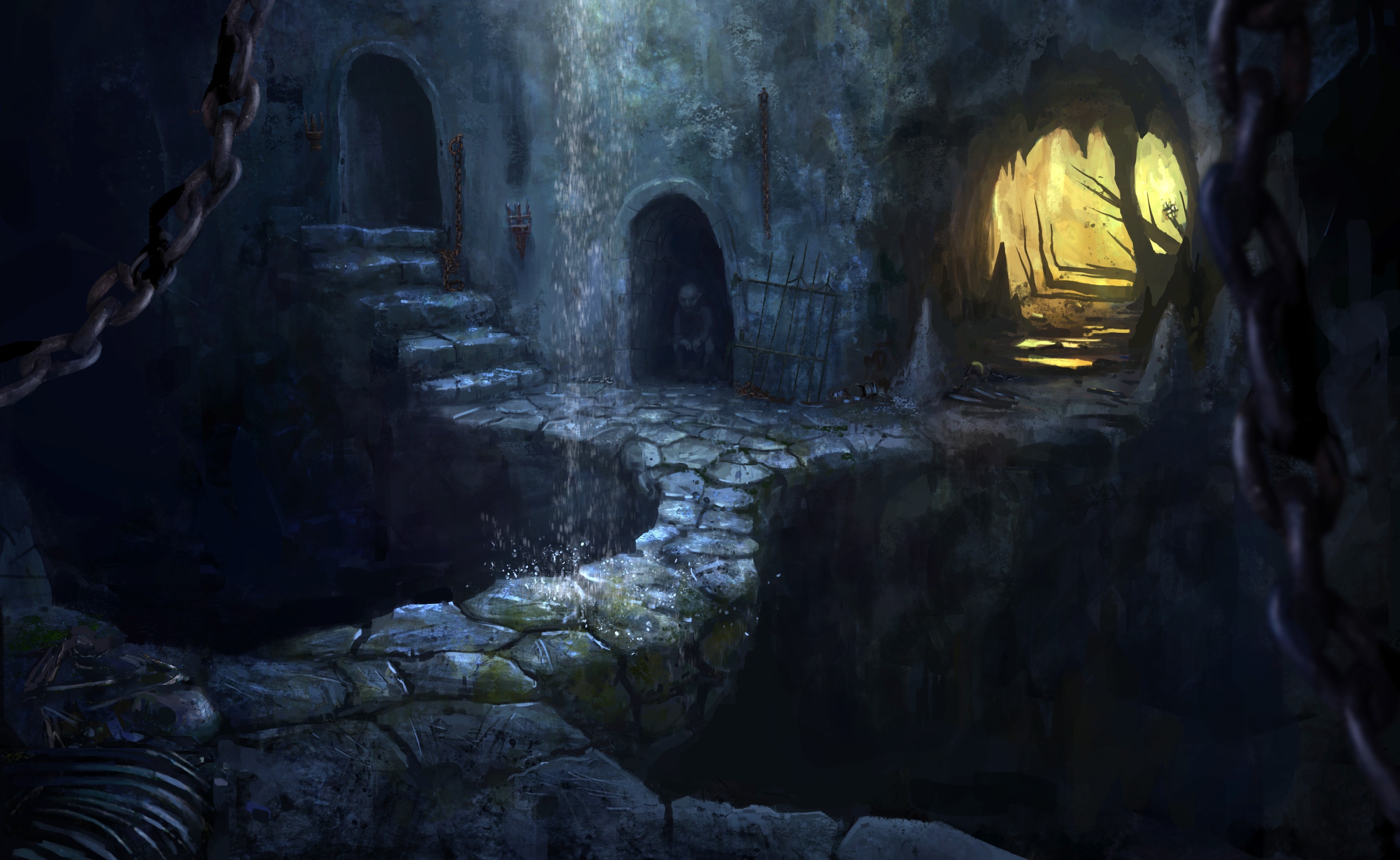 Rovine, Scalinata, Fantasy, Cascata, 2K, sfondo per portatile