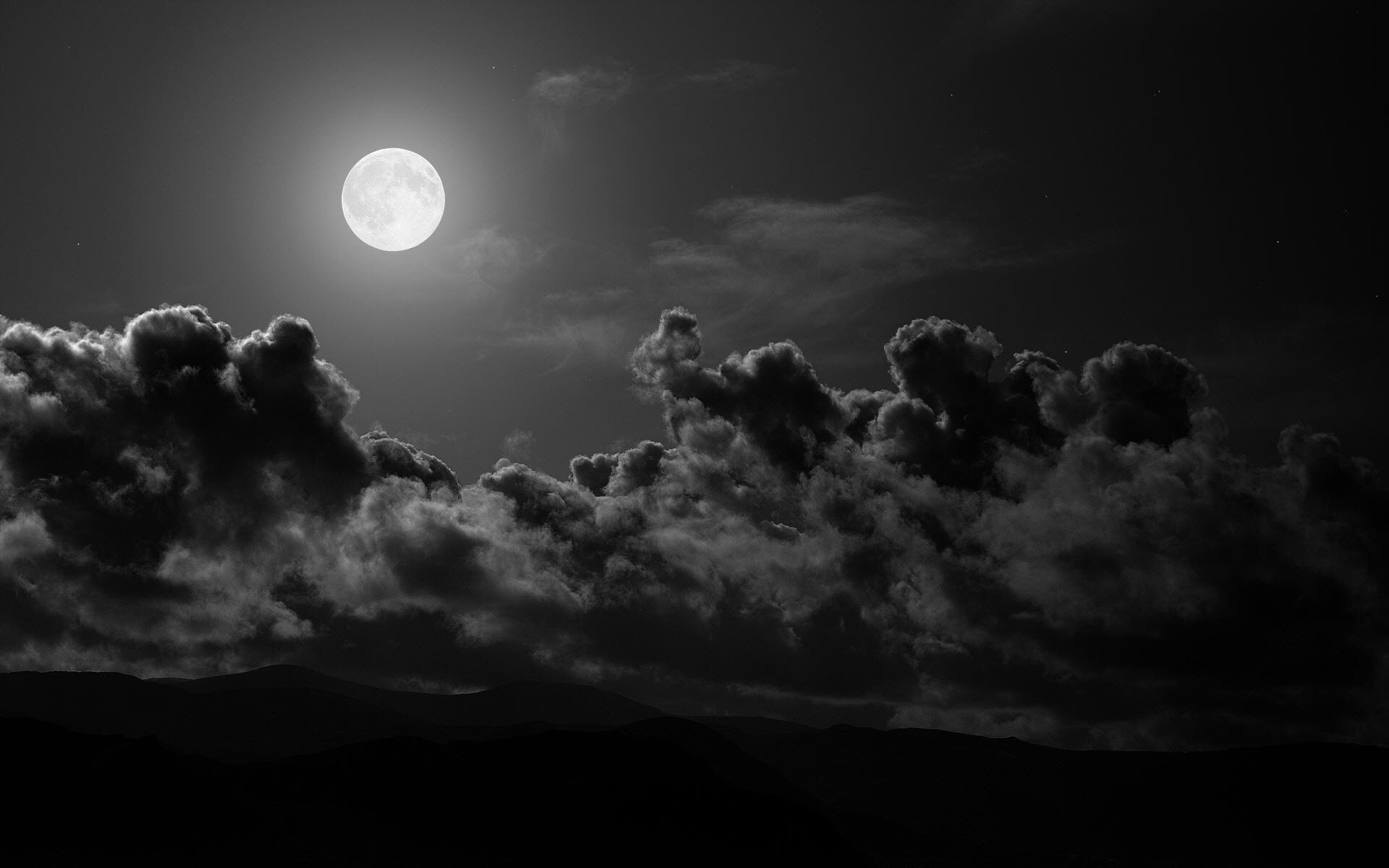 Luna piena, Nuvole, Notte, Bianco e nero, Full HD, wallpaper per portatile