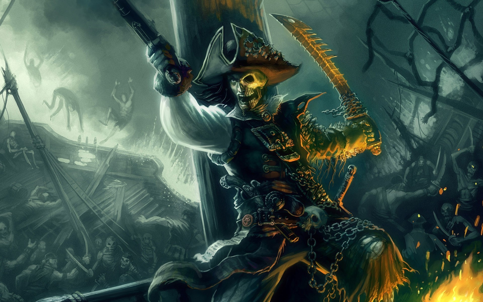 Pirata scheletro, Arte fantasy, Spada, Battaglia, Full HD, sfondo per PC
