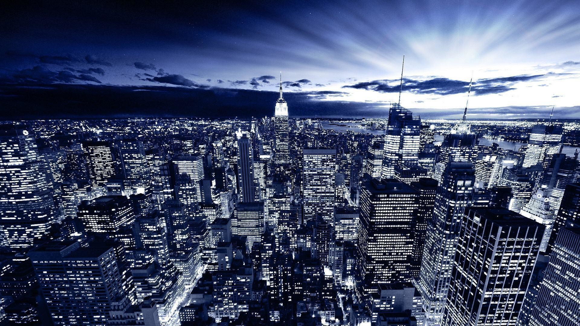 Manhattan, Empire State Building, Notte, Blu, 1920x1080, sfondo per PC