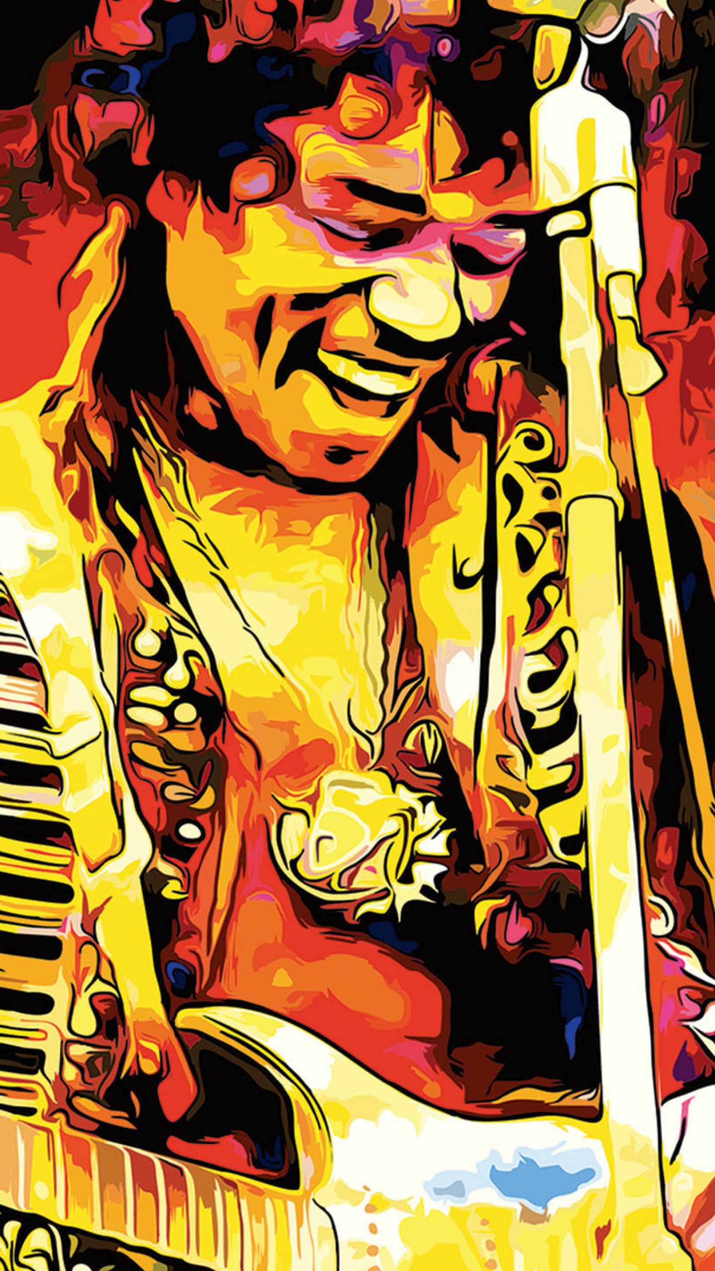 Jimi Hendrix, Pittura, Chitarra, Colorato, QHD+, wallpaper per smartphone