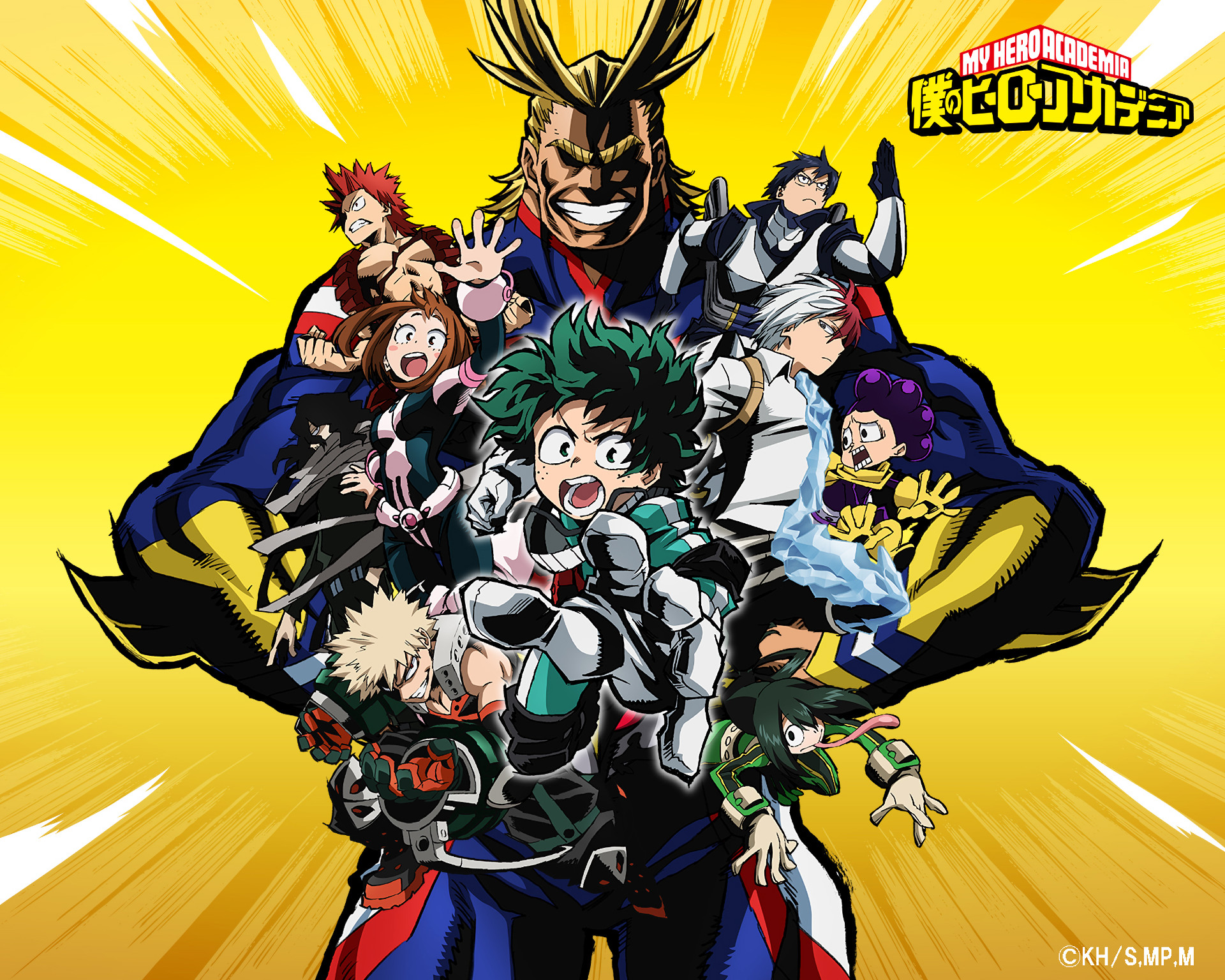 All Might, Izuku Midoriya, Katsuki Bakugo, Classe 1-A, My Hero Academia, Sfondo giallo, wallpaper Full HD