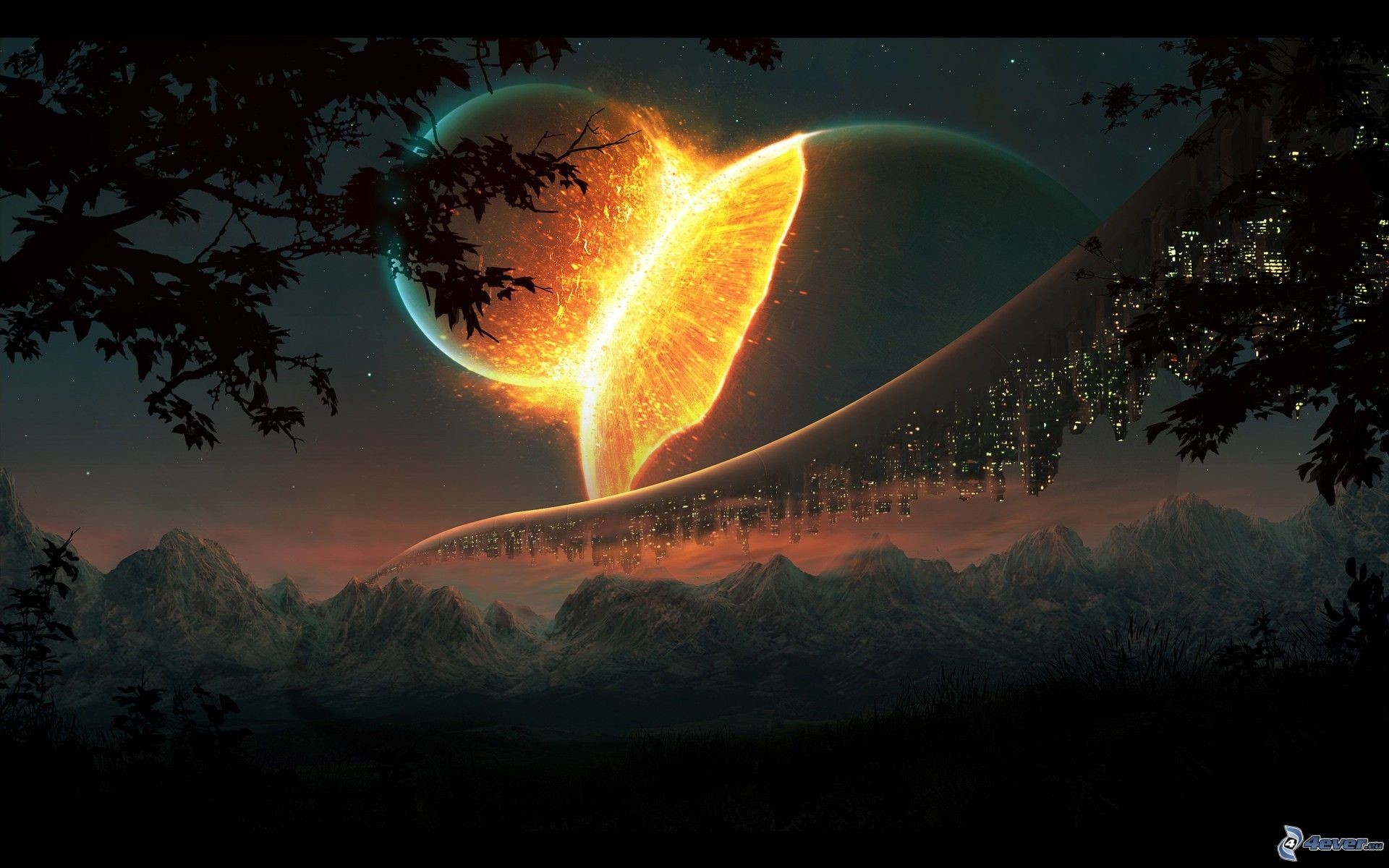 Pianeta in fiamme, Anelli planetari, Montagne, Arte digitale, Full HD, sfondo per PC e portatile