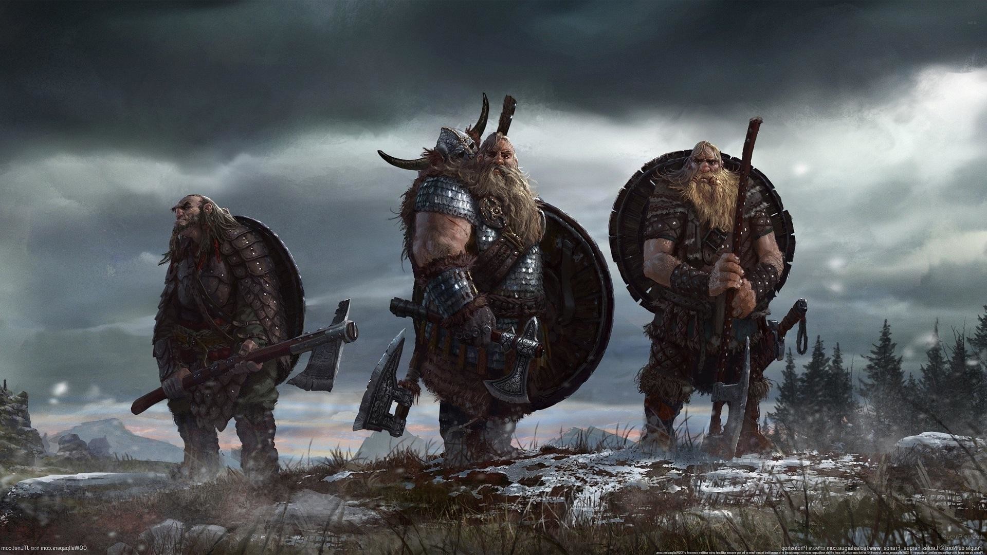 Guerrieri vichinghi, Scudi rotondi, Asce, Arte fantasy, Full HD, wallpaper desktop
