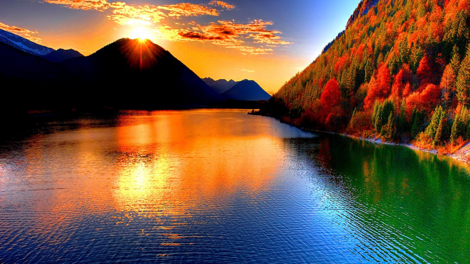 Lago, Montagne, Tramonto, Bosco autunnale, Full HD, sfondo Windows 11