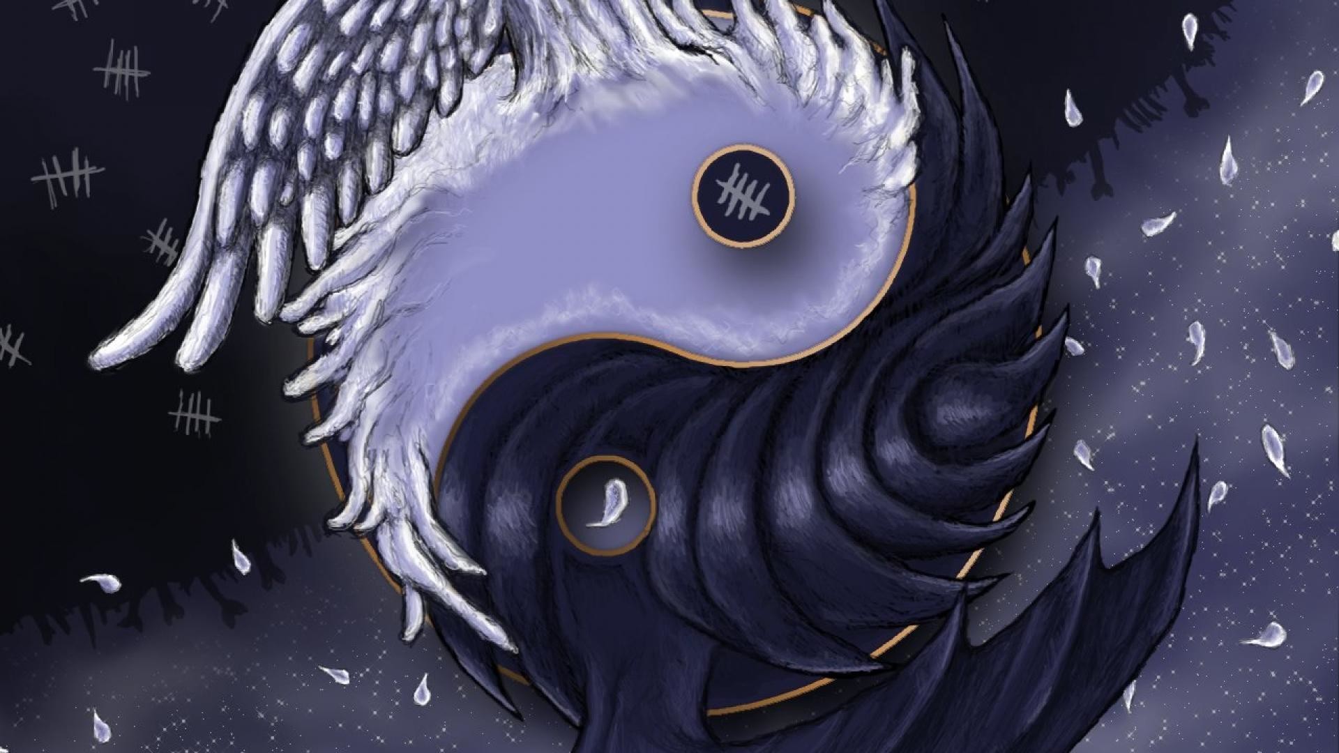 Yin e yang, Ali, Angelo e demone, Illustrazione, 1920x1080, sfondo per PC