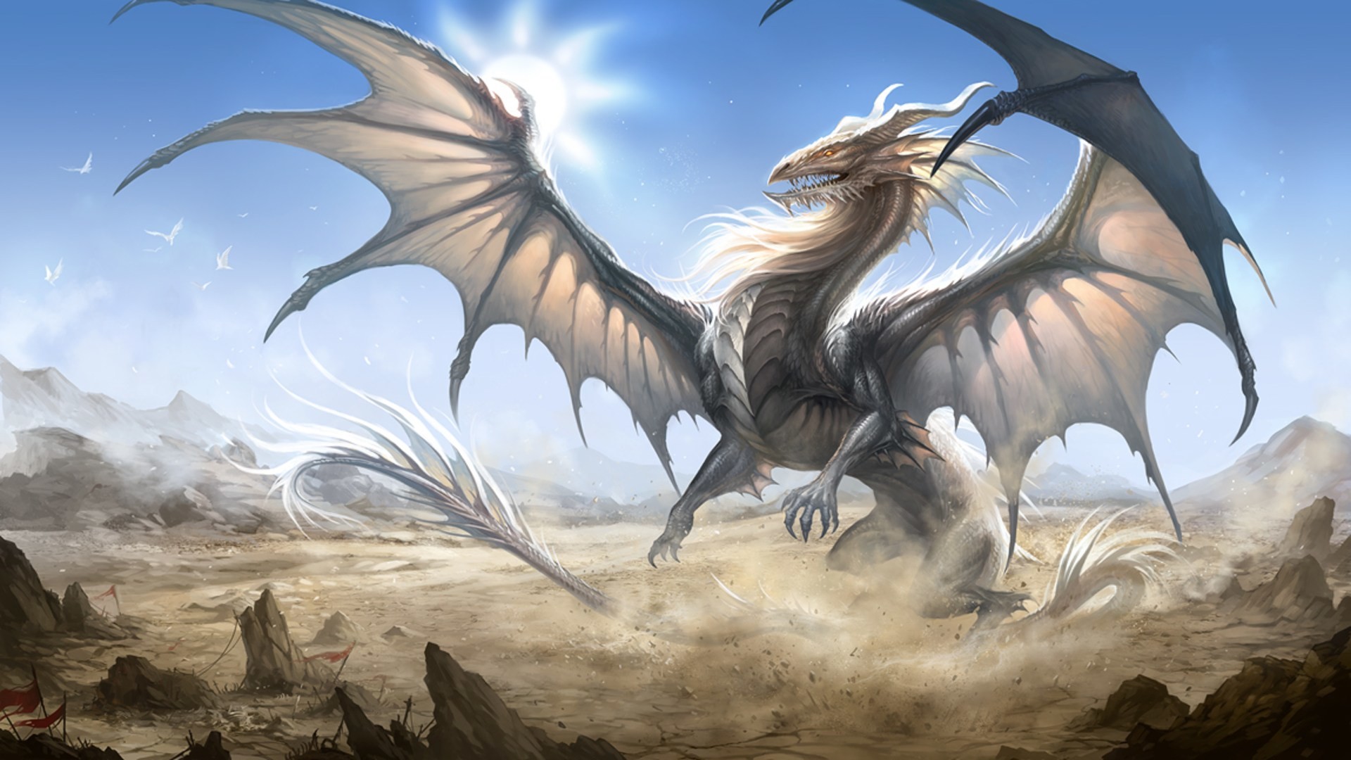 Drago bianco, Ali, Deserto, Arte fantasy, 16:9 Full HD, sfondo widescreen