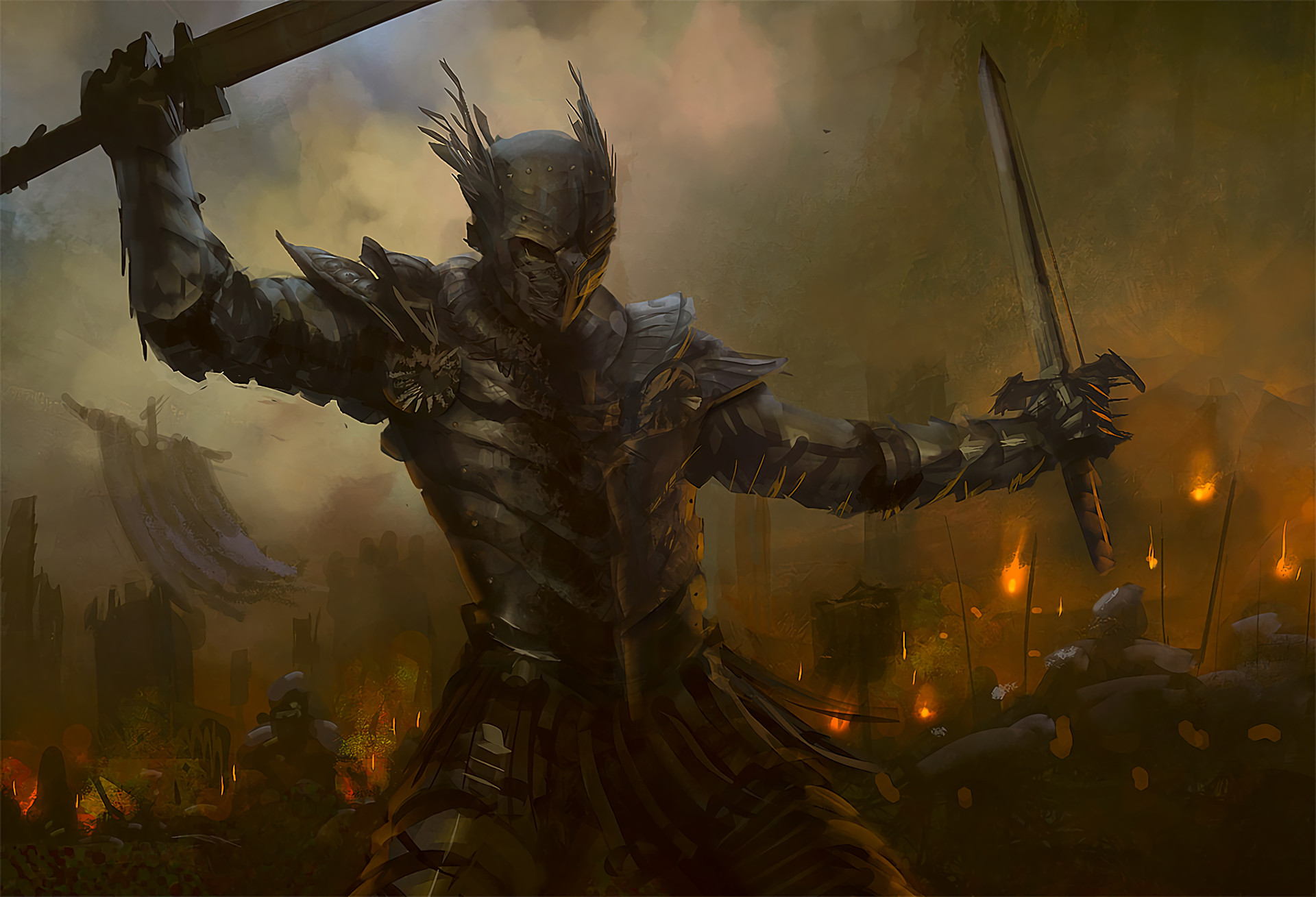 Cavaliere oscuro, Spade, Battaglia, Fuoco, Full HD, sfondo per PC