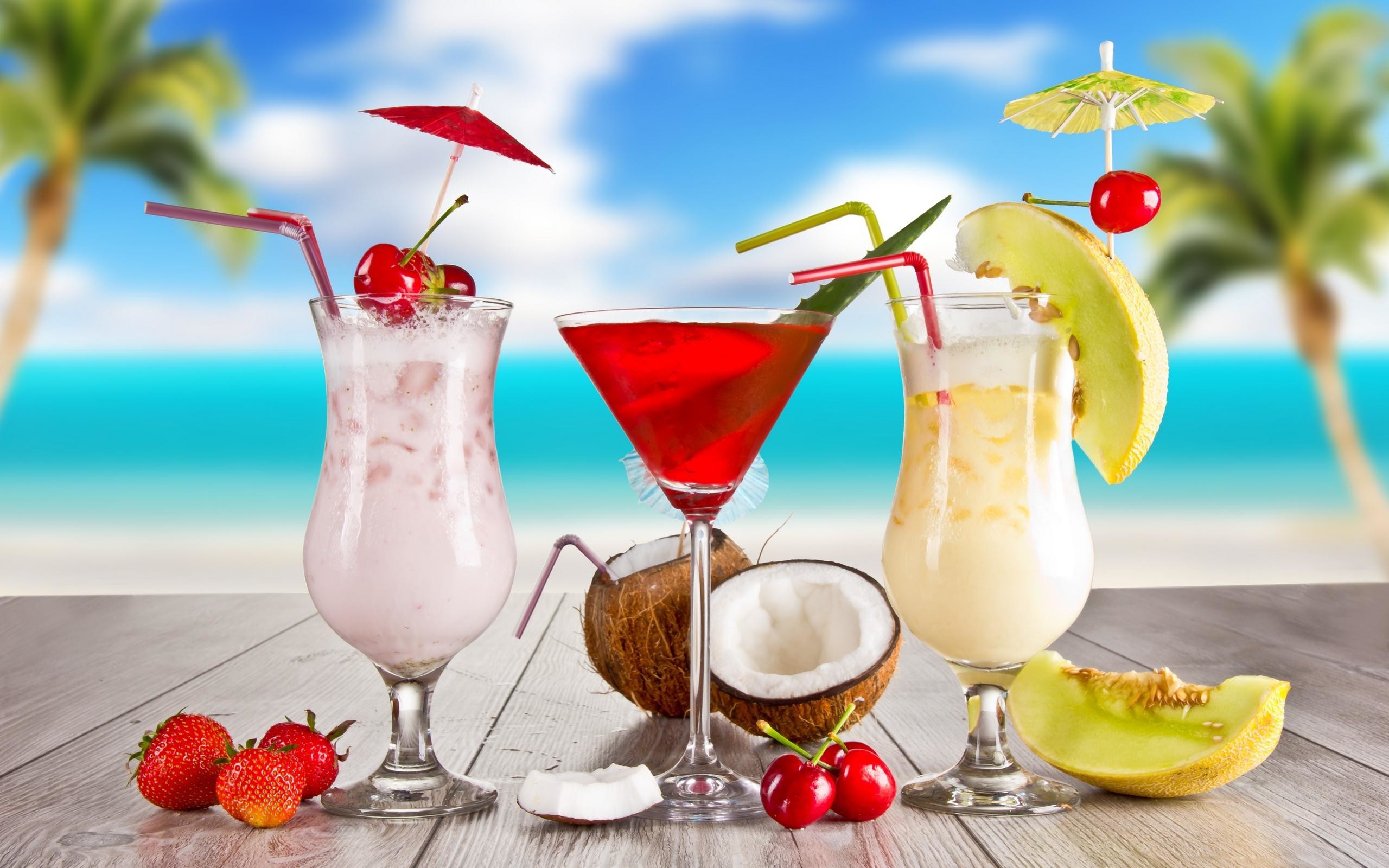 Cocktail, Cocco, Frutta, Spiaggia tropicale, 16:10 2K, wallpaper widescreen