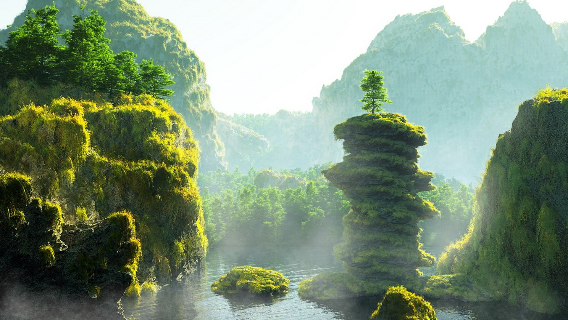 Pinnacoli rocciosi, Fiume, Vegetazione, Fantasy, Nebbia, Verde, Full HD, wallpaper desktop