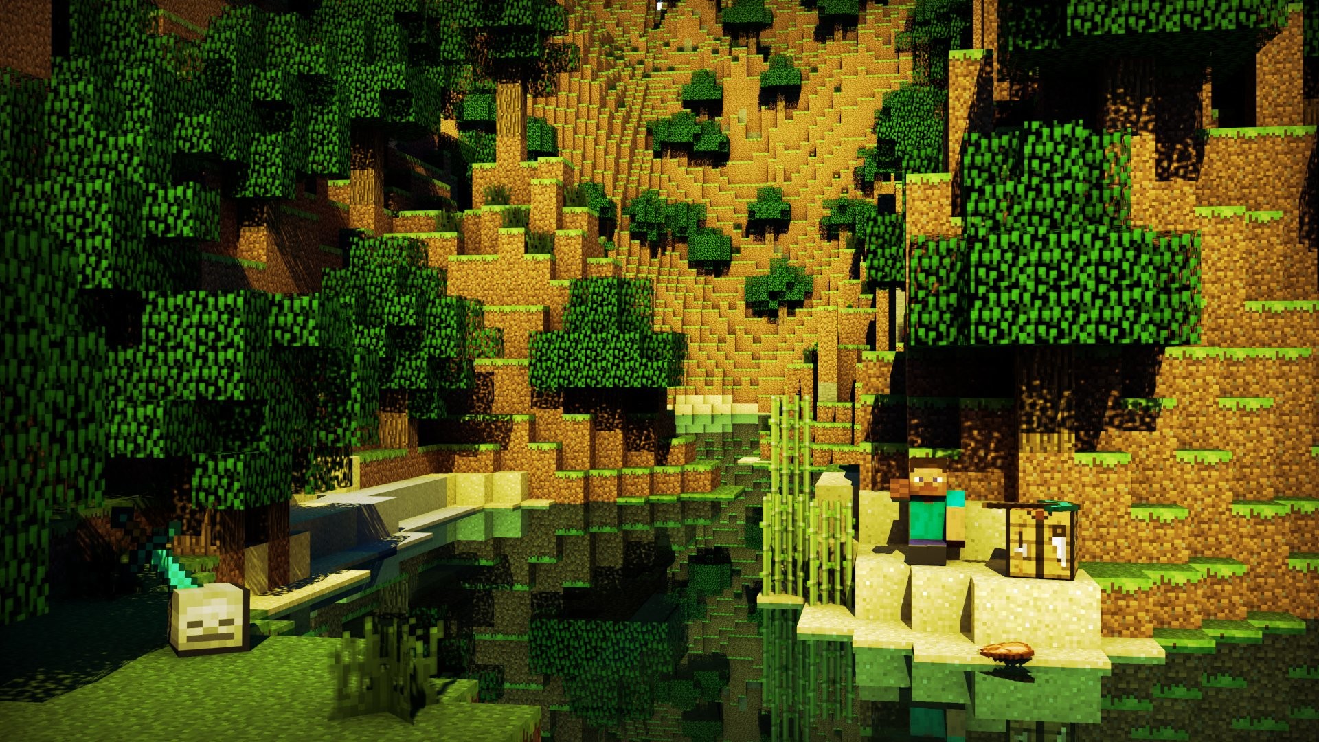 Minecraft, Giungla, Steve, Shader, Rendering, Full HD, sfondo per PC e portatile