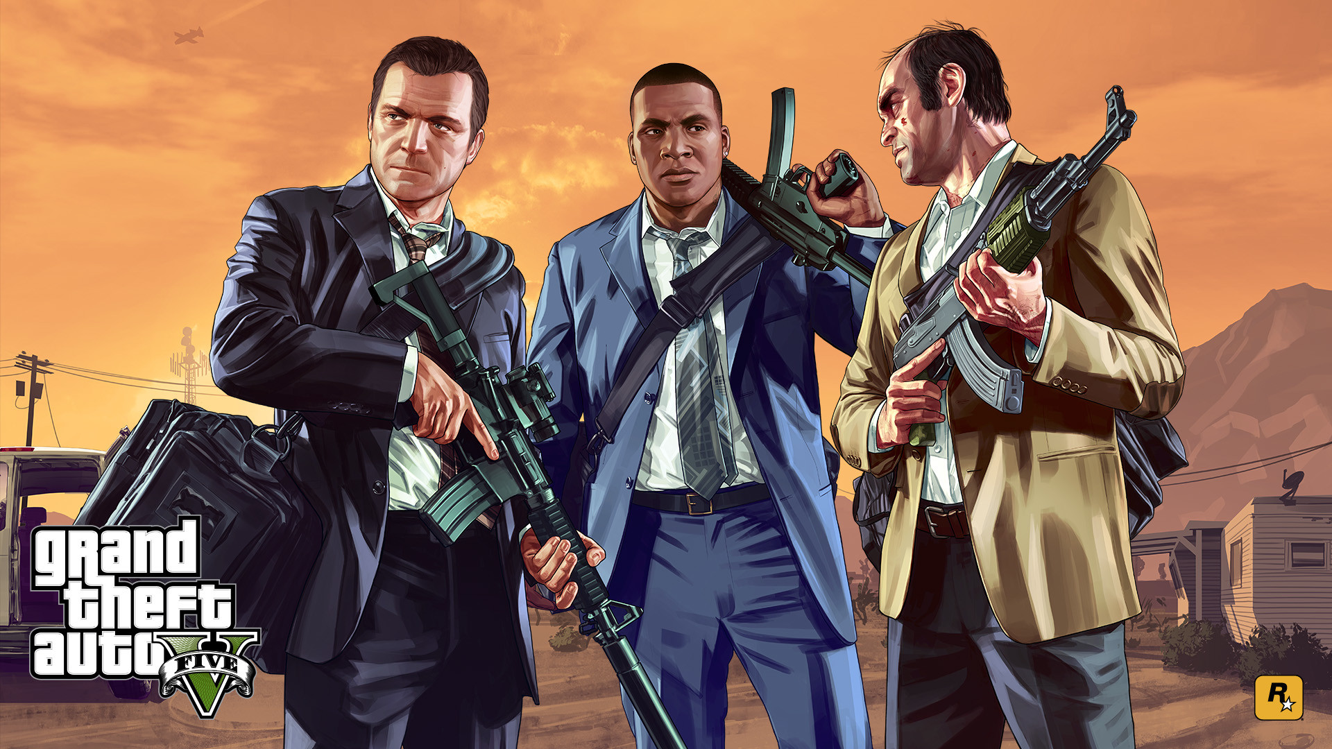 Grand Theft Auto V, Michael De Santa, Franklin Clinton, Trevor Philips, Fucili, sfondo 1080p