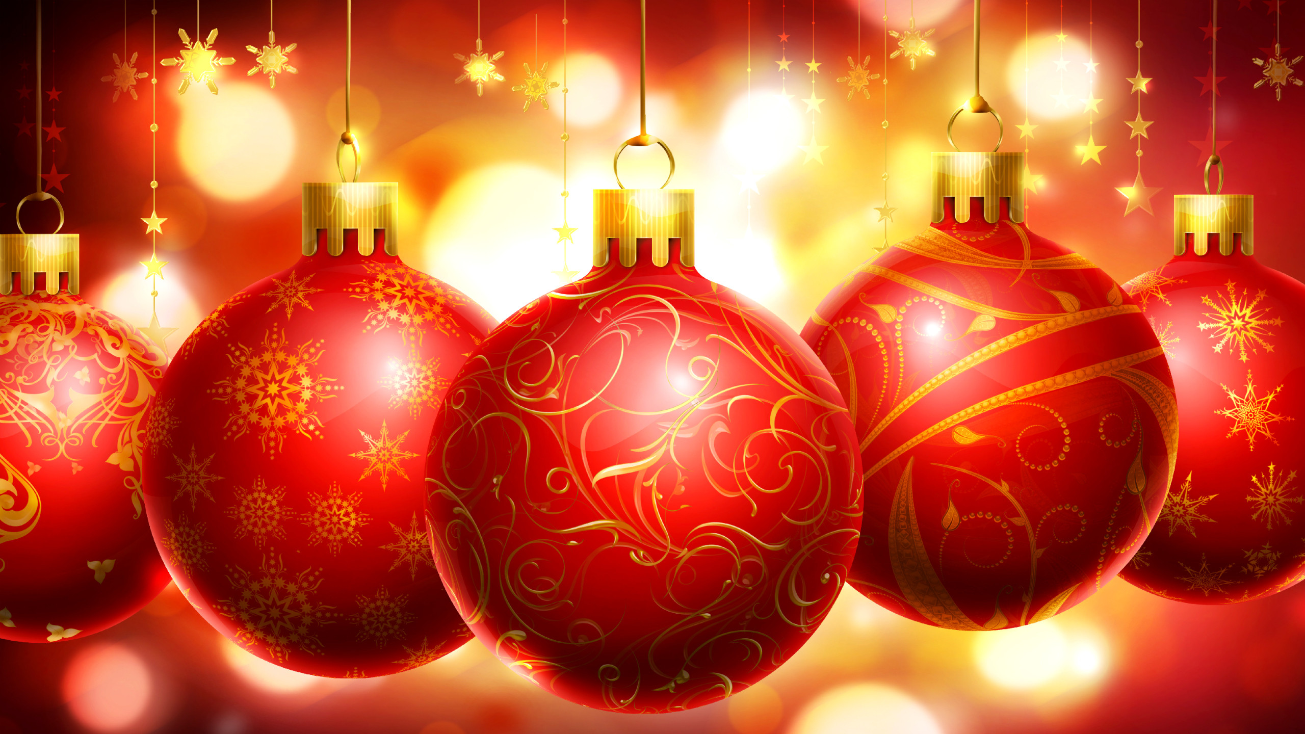 Palline rosse, Decorazioni appese, Bokeh, Luci, Primo piano, 2K, sfondo per PC e portatile