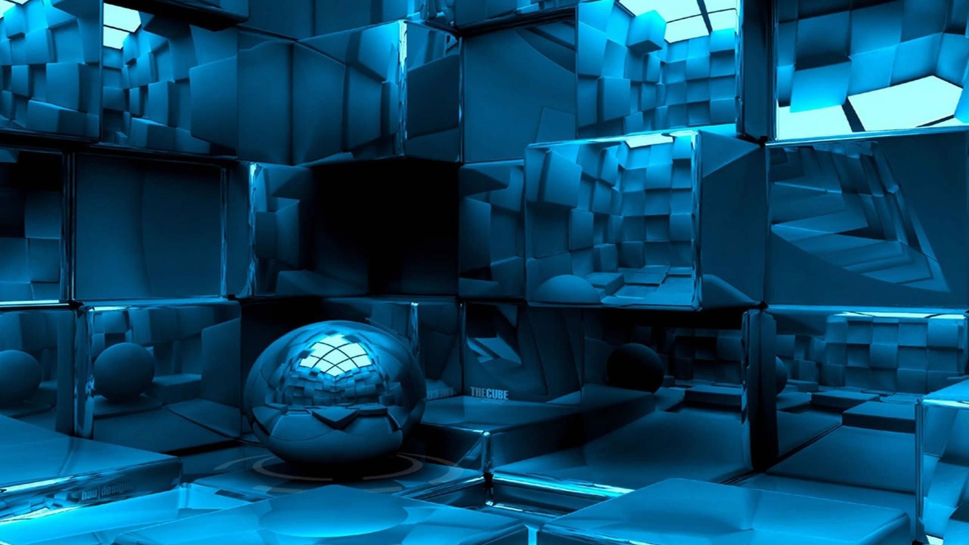 Cubi, Sfera riflettente, Rendering 3D, Blu, Full HD 1080p, sfondo desktop