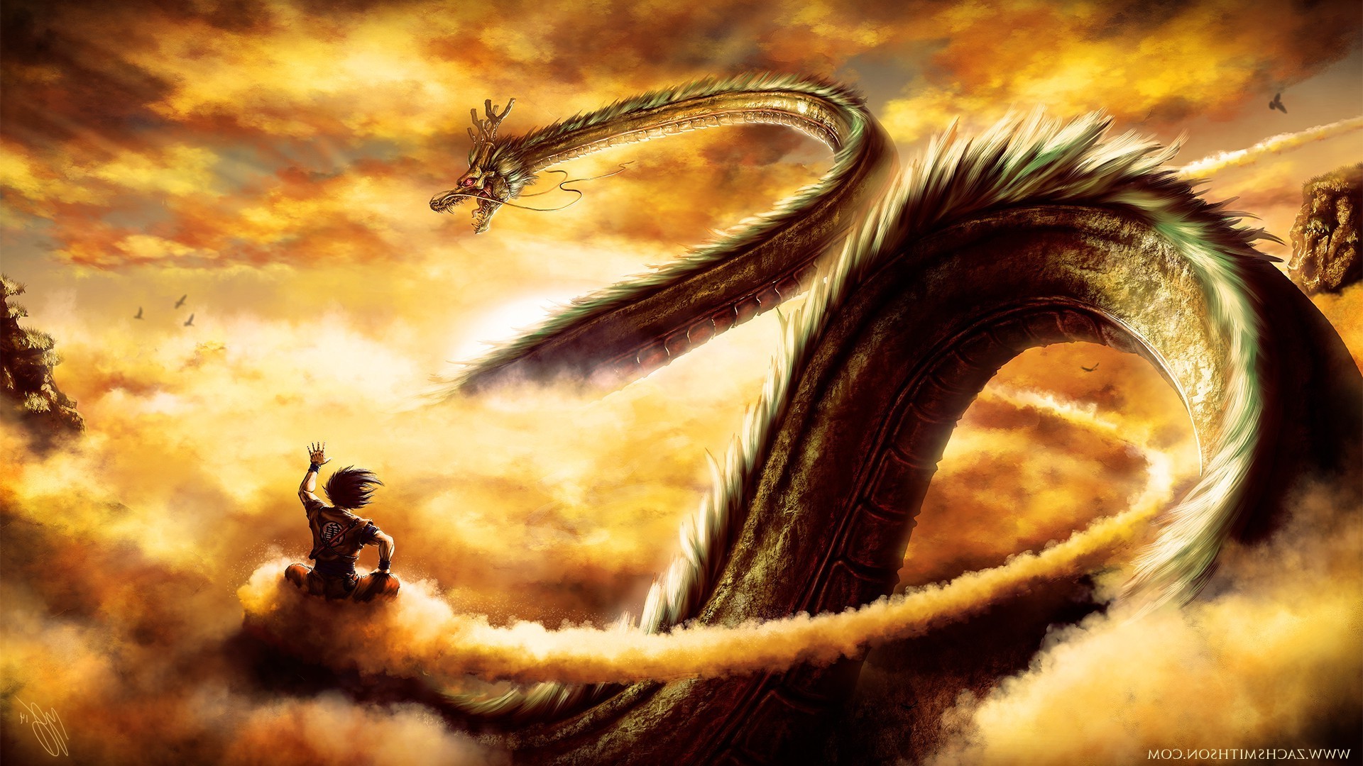 Shenron, Goku, Nuvola Speedy, Dragon Ball, Tramonto, 16:9 Full HD, sfondo widescreen